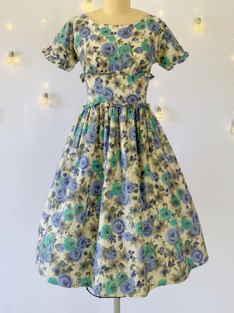 Vtg 50s 60 Blue Watercolor Floral Print Fit Flare Dress Short Sleeve Ruffles XS