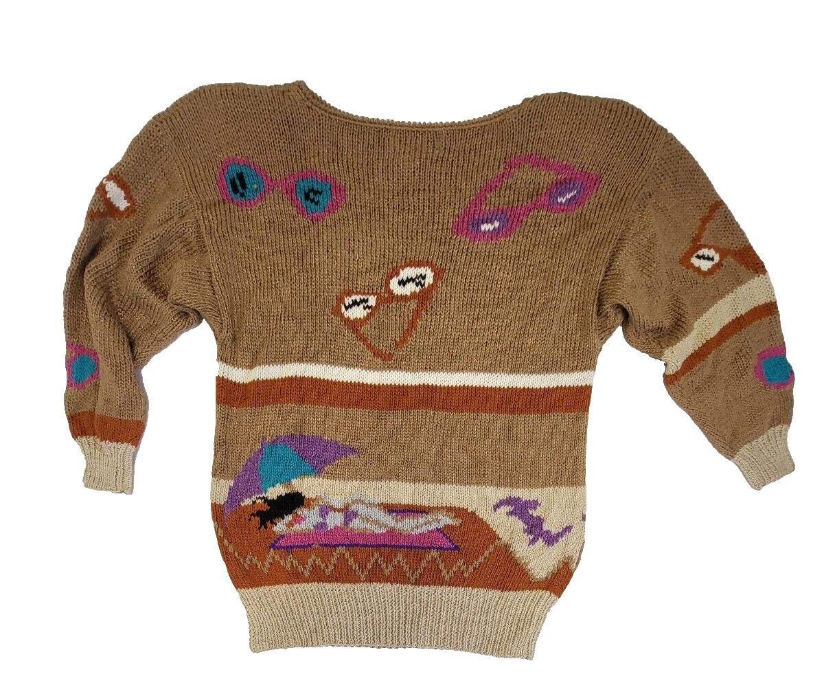 VTG NANNELL Beach Theme Hand Knit Sweater Sunglasses Palm Tree Sunbather Medium