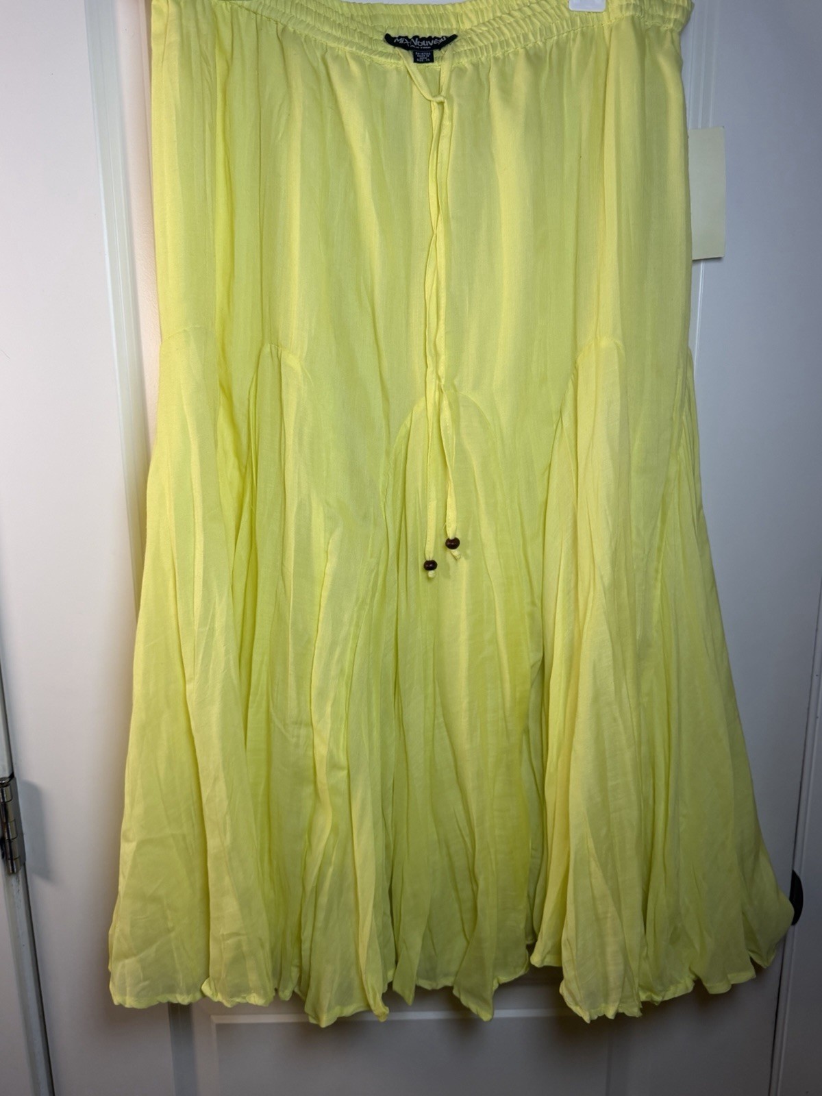 Vintage Y2K Mix Nouveau Yellow Smocked Waist Maxi Skirt Boho Beaded Tassels XL