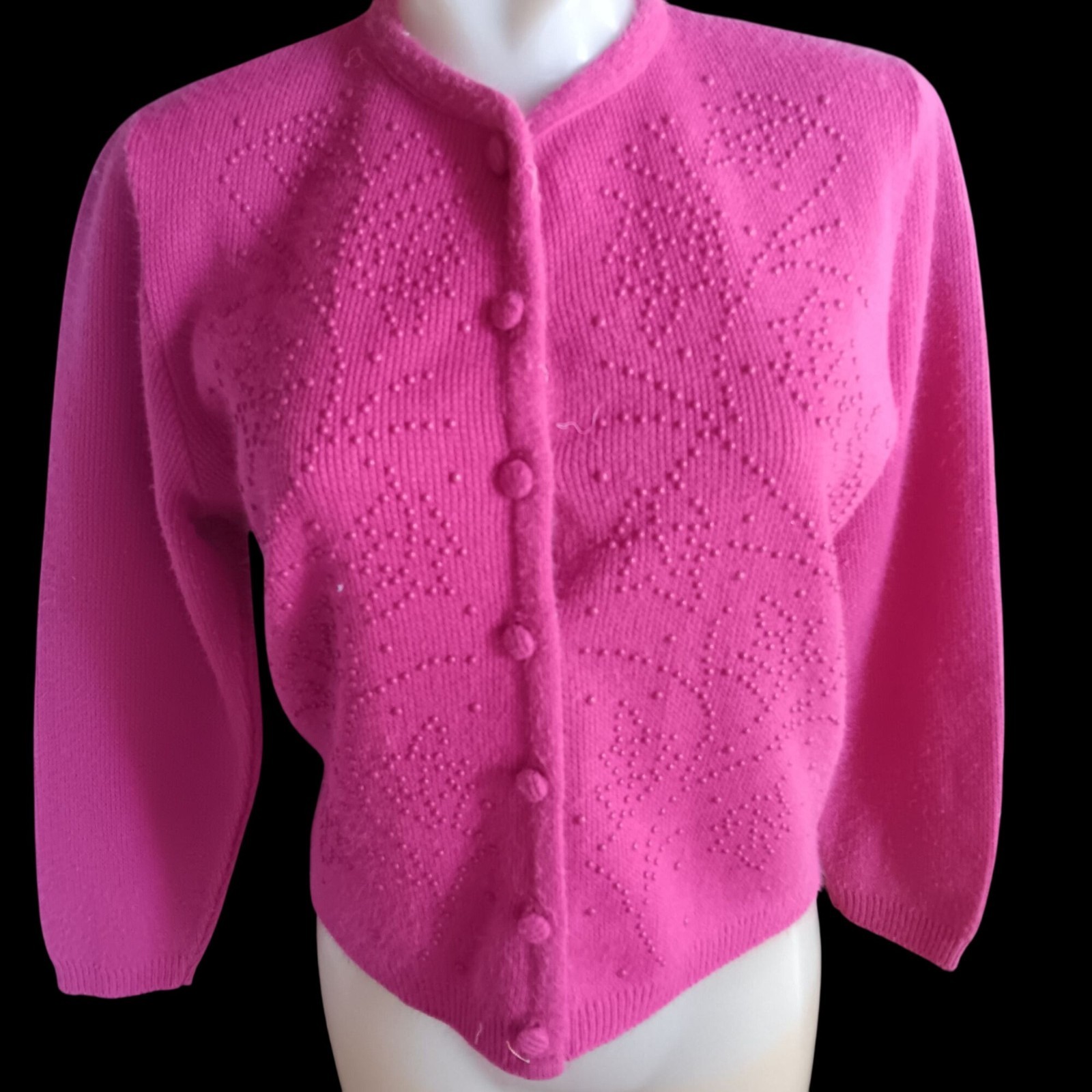 True Vintage Women’s Medium Cardigan Sweater 1960’s Pink Beaded Knit Kay Wright