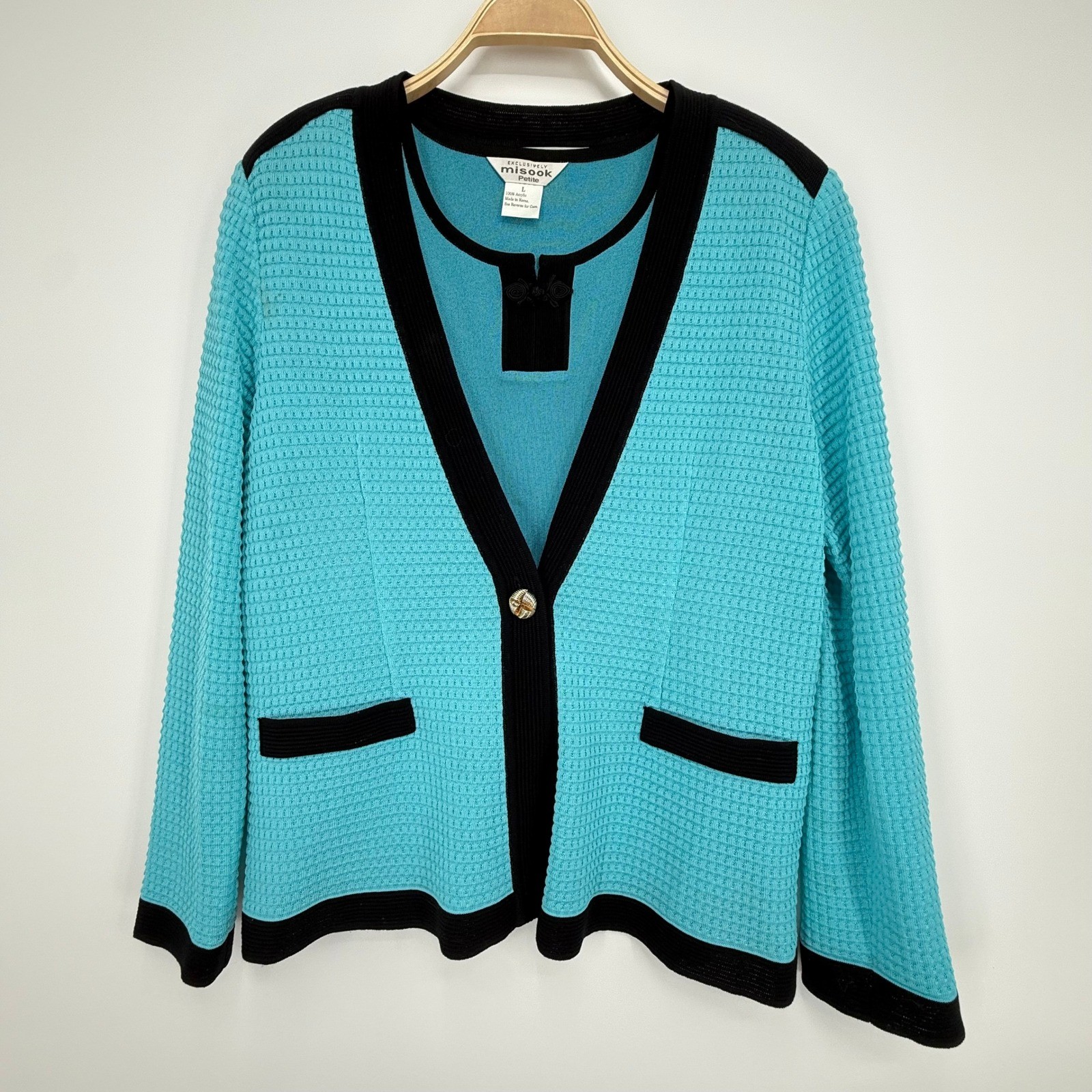 Misook 2pc Knit Cardigan Shell Set Womens Large Petite Turquoise Blue Excellent