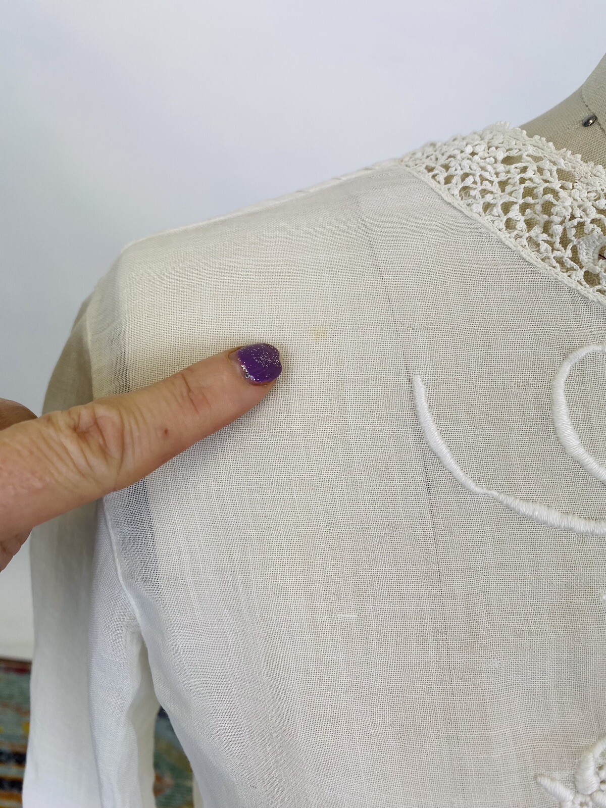 Antique Edwardian white cotton blouse with crochet lace and embroidery as is