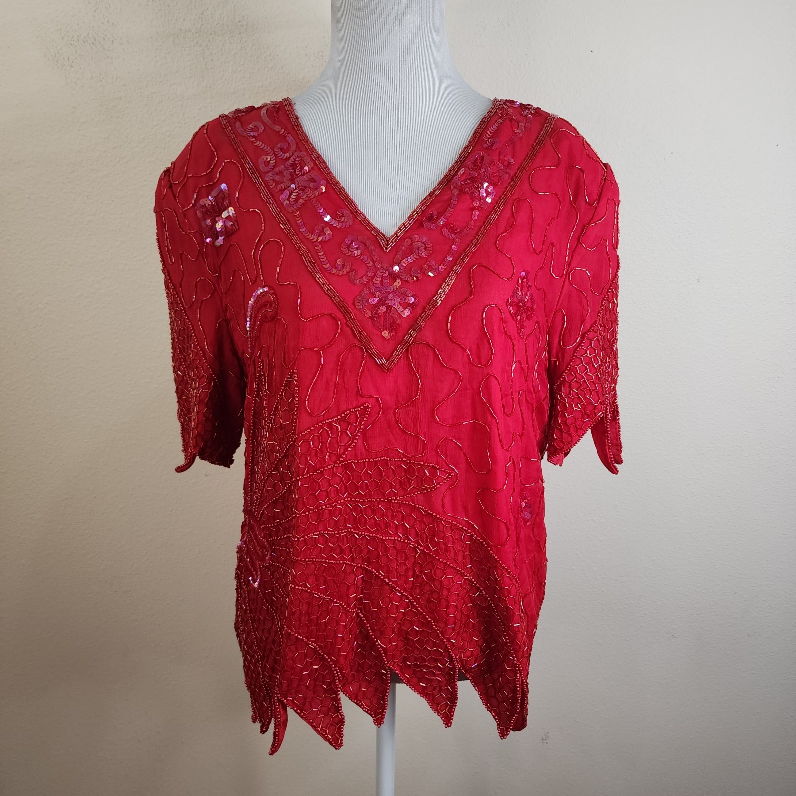 Vintage 100% Silk HORCHOW Red Beaded Short Sleeve Evening Blouse Shirt Size XL