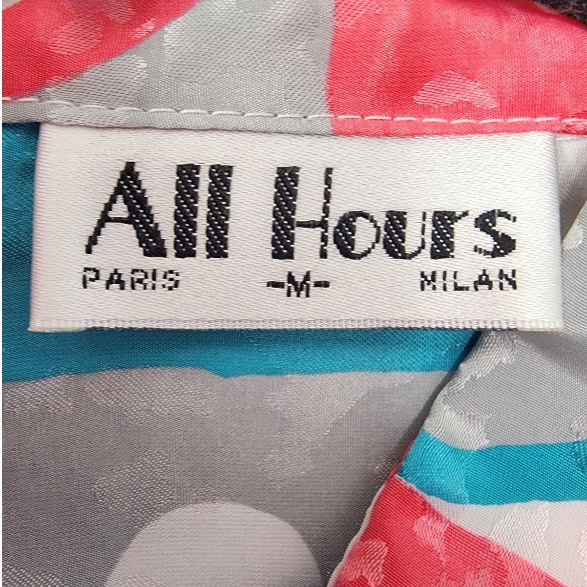Vintage All Hours Top Womens M Pink Blue Geometric Silky Brocade Long Sleeve