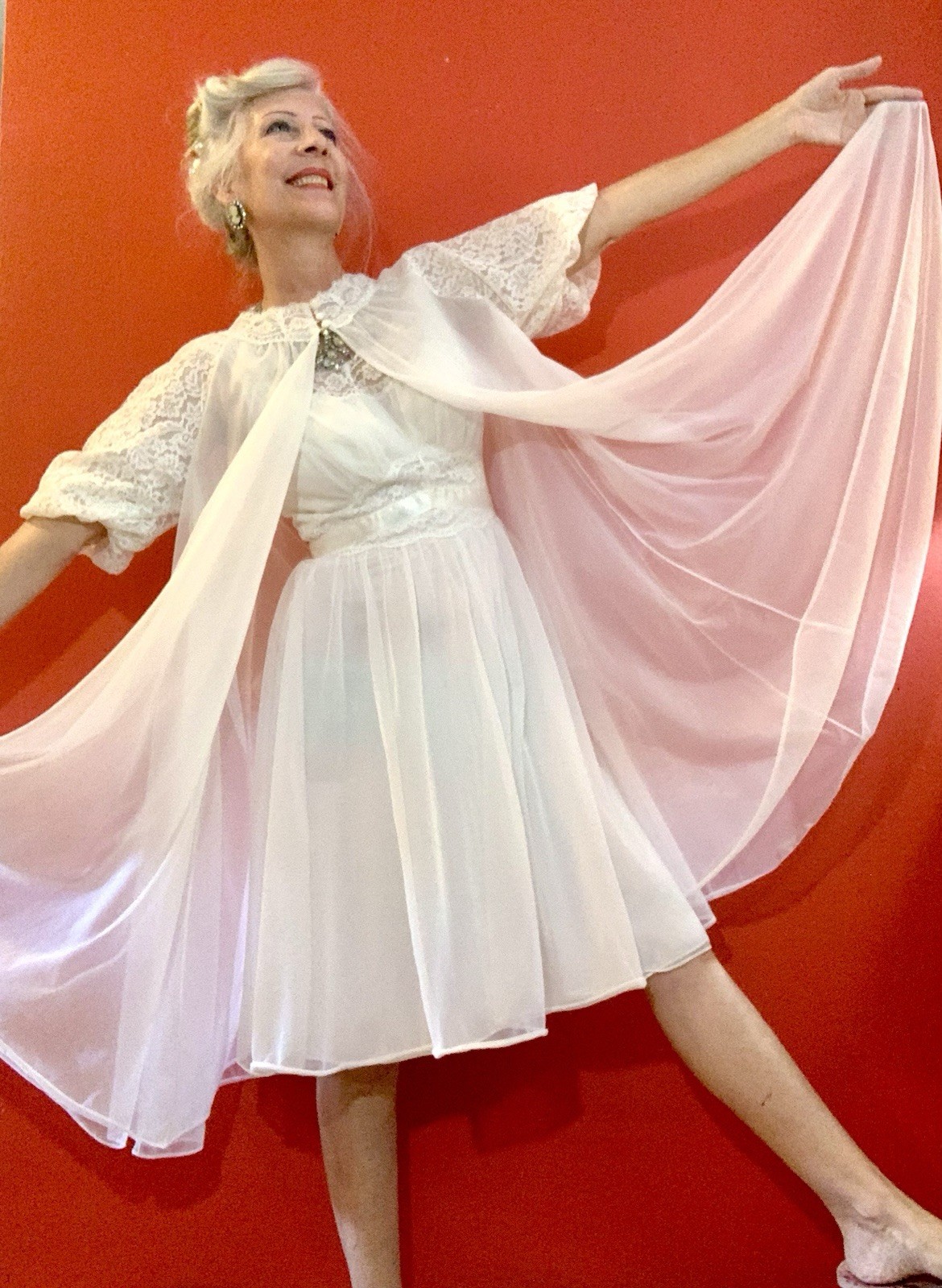 Vintage 1960s Bridal Wedding Night Peignoir 2-pc Set Chiffon Lace Romantic