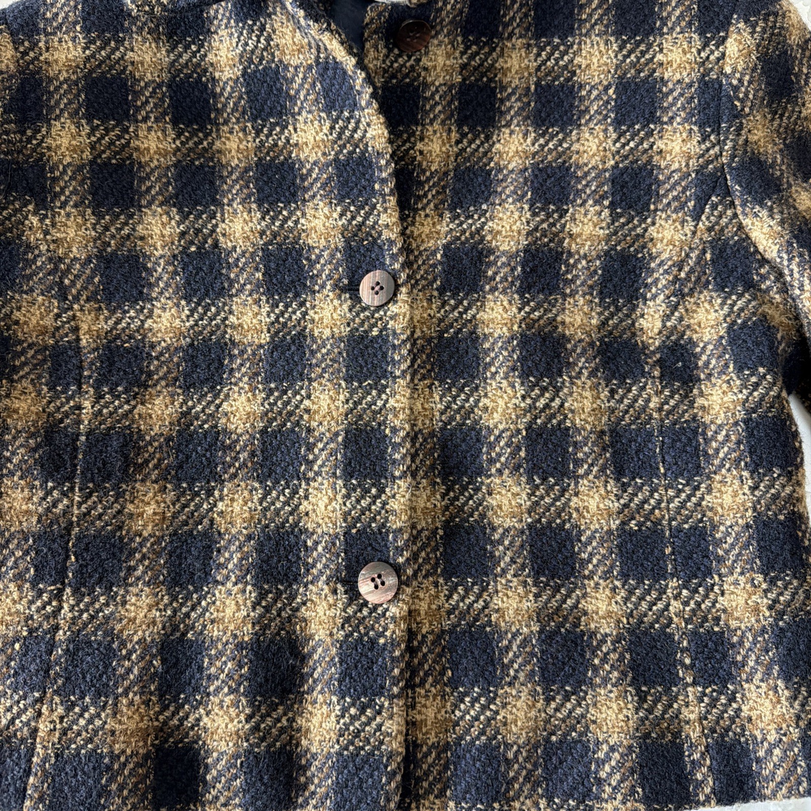 Vintage Rena Rowan Cropped Wool Blazer Jacket Women’s 12 Plaid Button Blue Brown