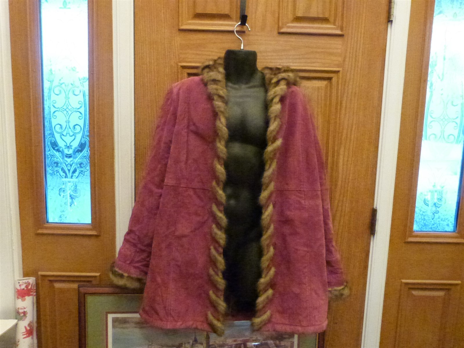 Dennis Basso suede coat vintage 1990s faux fur red Burgundy Maroon wine hood W L