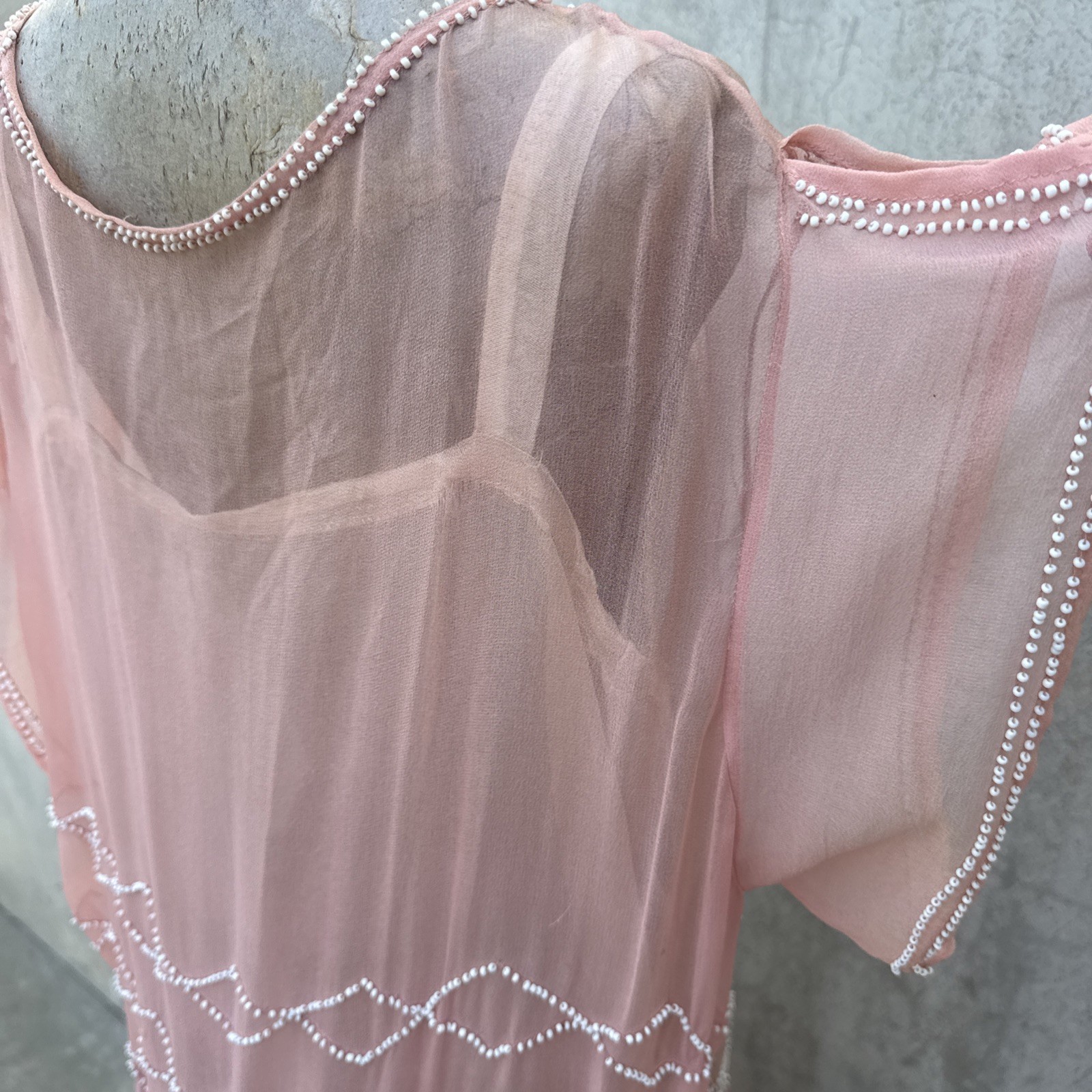 Antique 1920s Pink Silk Chiffon Dress Beaded Waves Oppenheim Collins Vintage