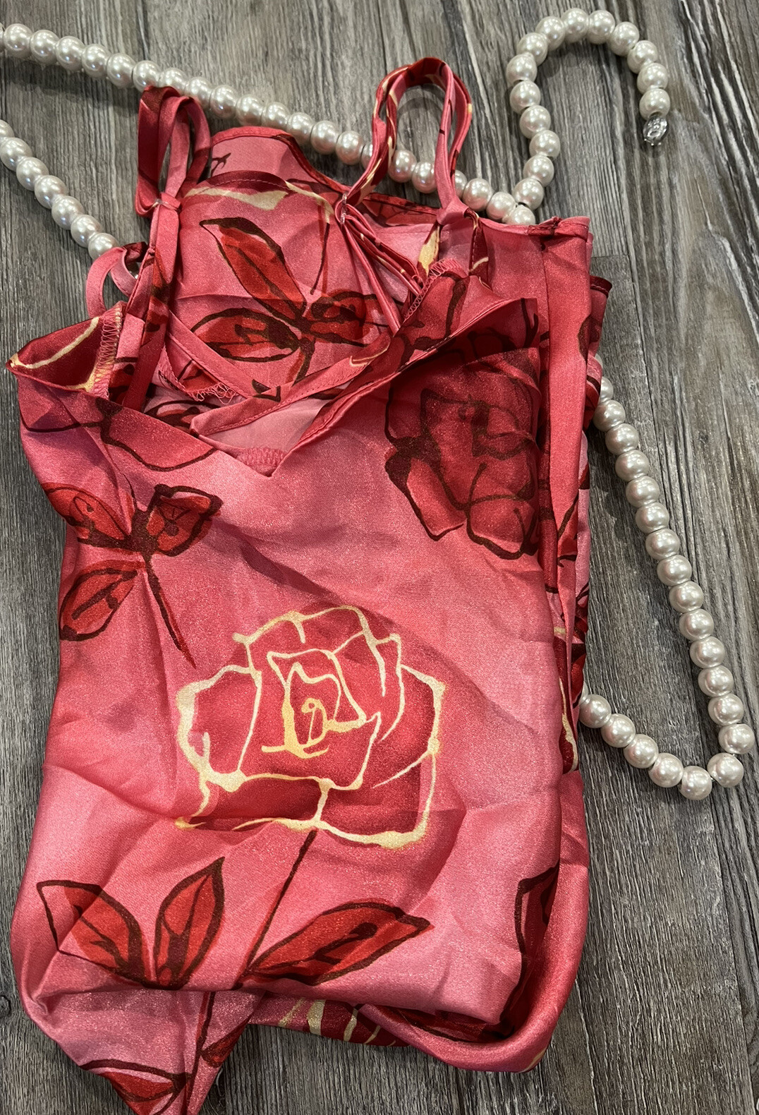 VTG80’s Alexandra Nicole Women’s Red Pink Roses Doubled Spaghetti Straps Slip M