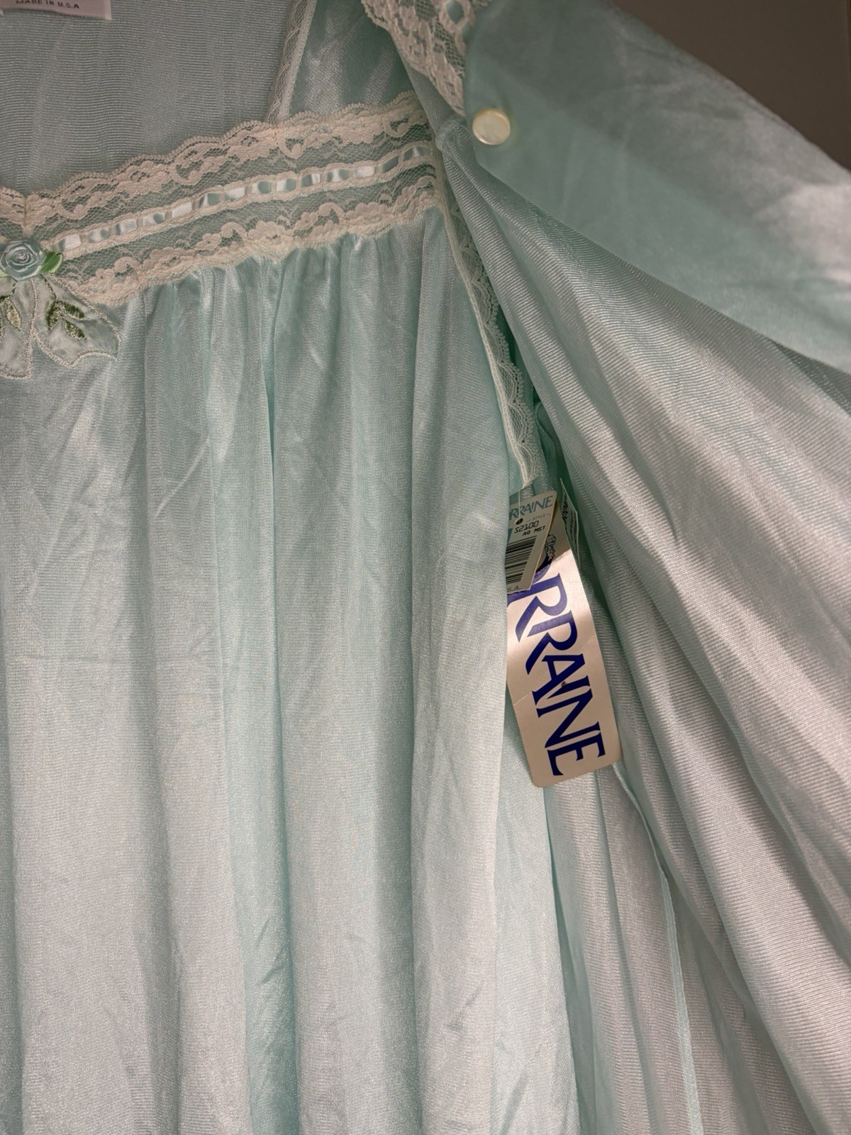 Vintage Lorraine Peignoir Set Nightgown Pale Blue Floral And Lace Detail NWT L