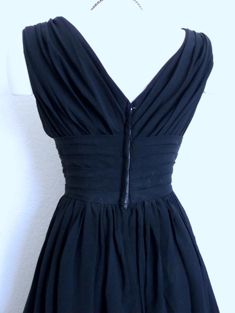 Vintage 50s Miss Elliette Black Cocktail Dress XS Bombshell Ruched Full Skirt