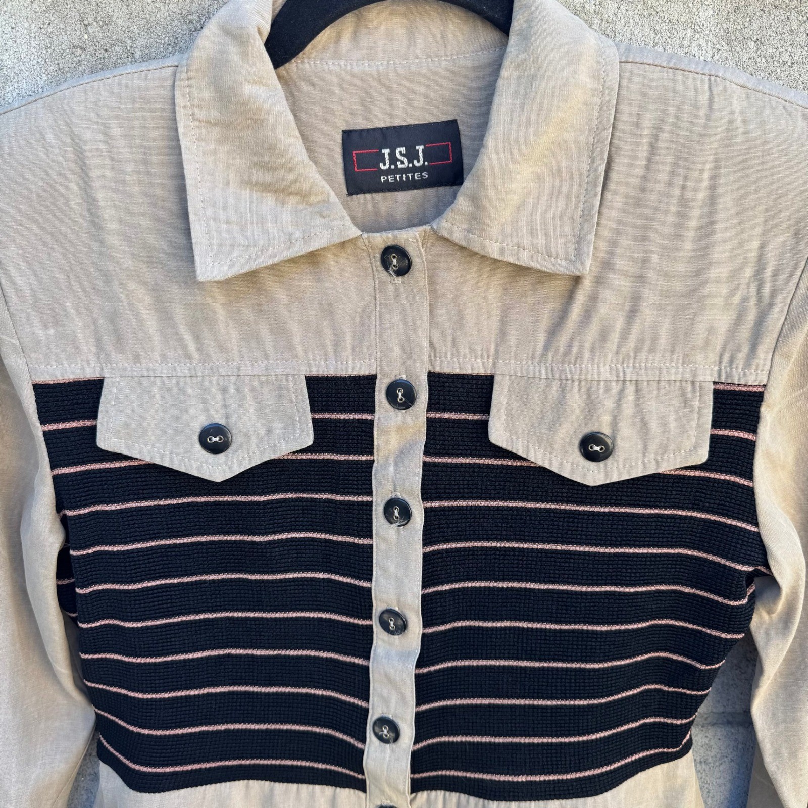 JSJ Petites Vintage 90s Mixed Media Pant Set Tan Striped Minimalist Officecore S