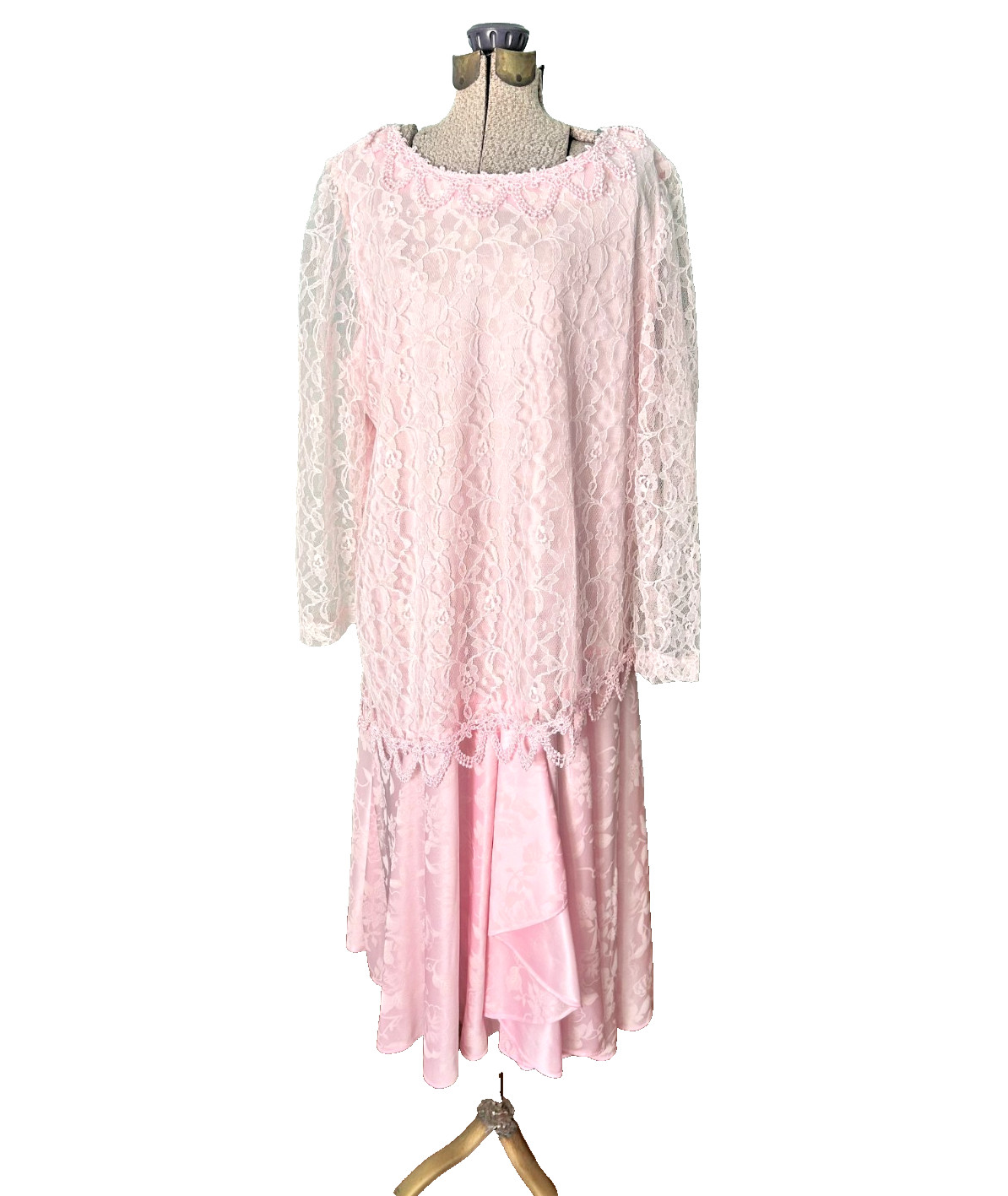 Vintage 1980s does 20s Lacy Pink Drop waist Flapper Asymmetrical Dress L XL HHR