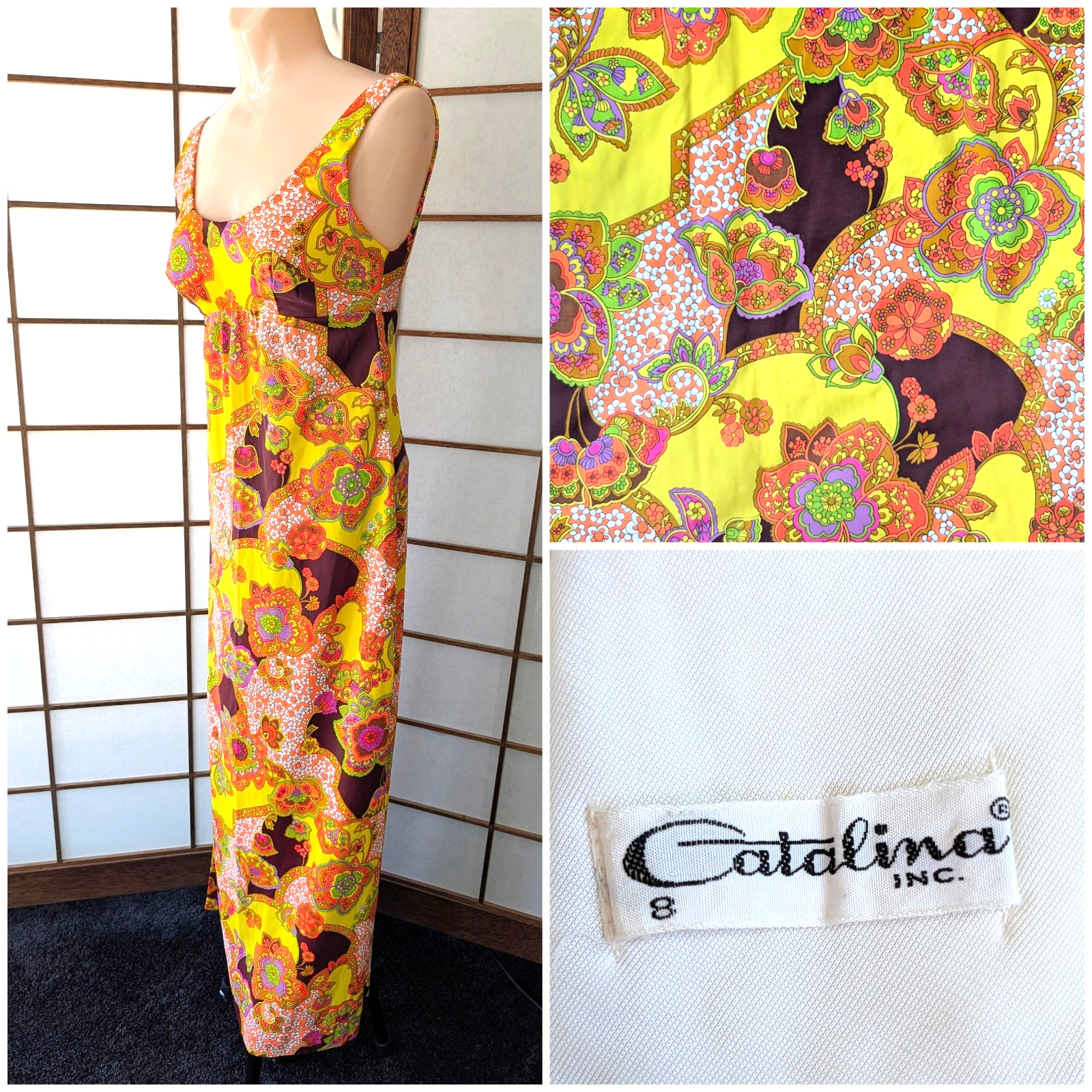 Vtg 70s Catalina Maxi Dress Psychedelic Mod Print Resort Wear XS Built-In Bra