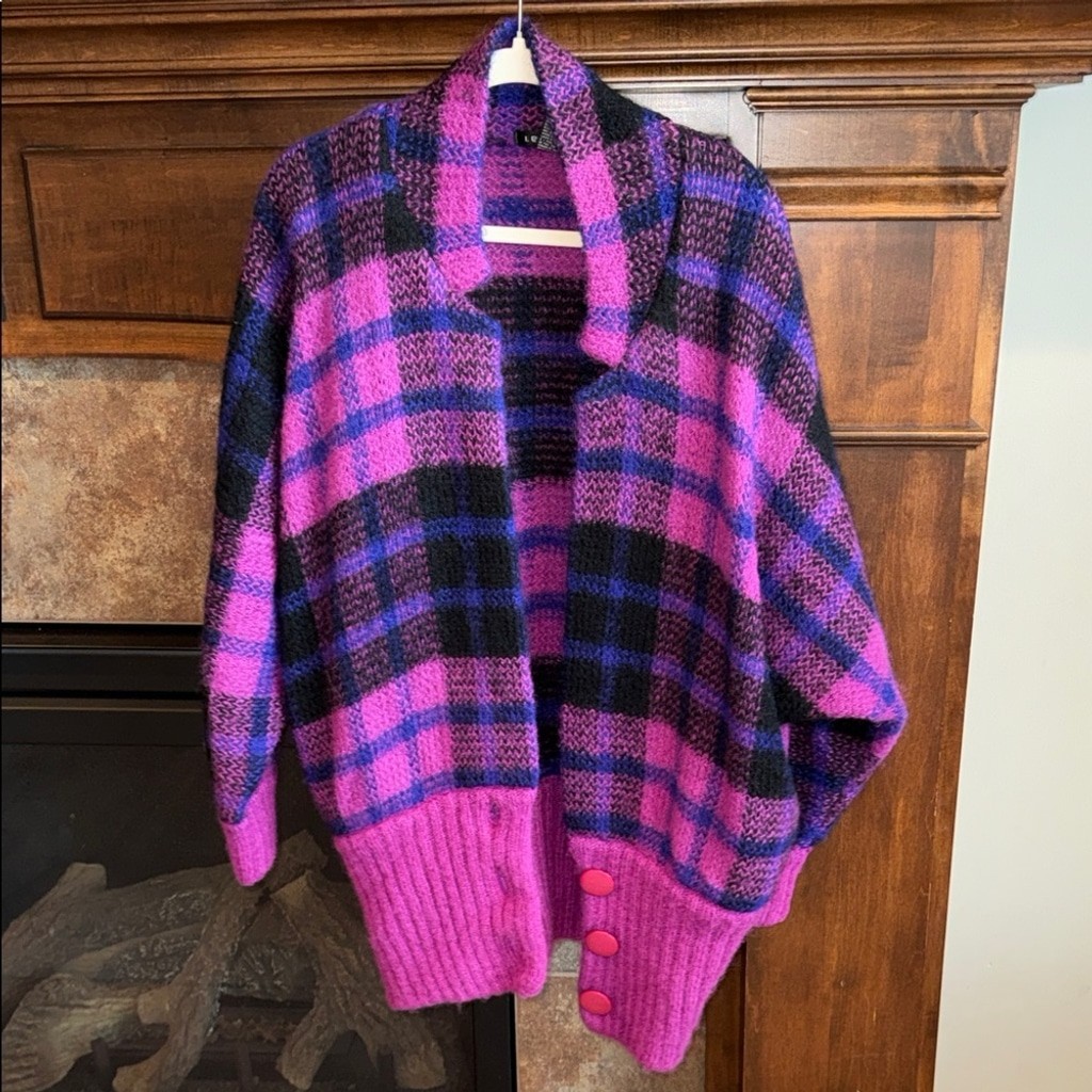 Vintage bold magenta plaid wool mohair blend plaid oversized sweater jacket S-L
