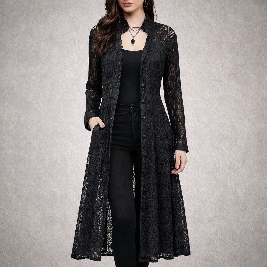 Vintage Black Sheer Lace Cardigan Dress Corset Victorian Gothic Dark Romantic