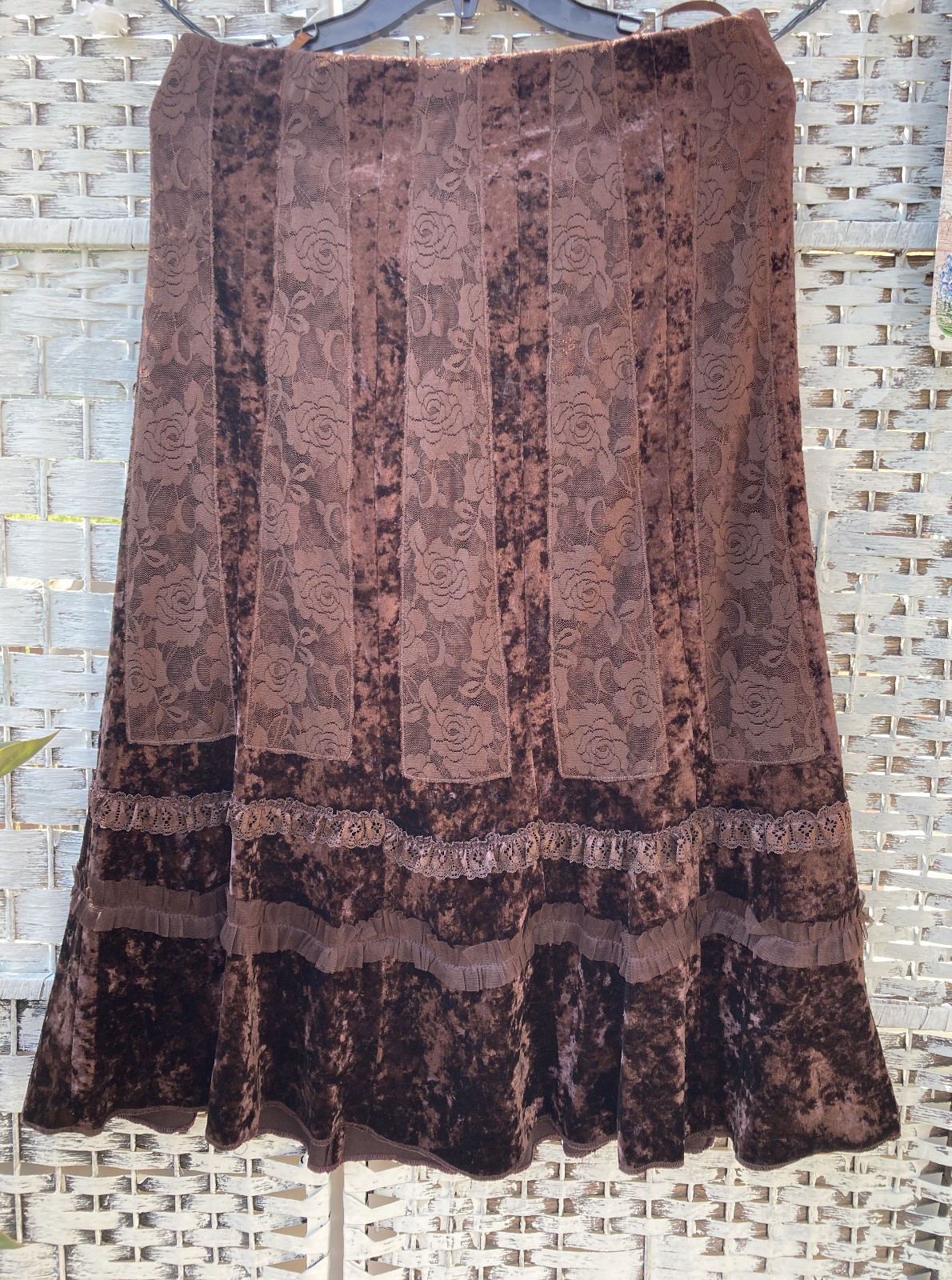 Vtg Victorian Goth Skirt Crushed Velvet Lace Deep Burgundy Brown XL(L)