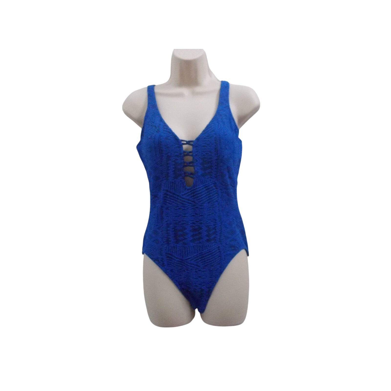 VTG MAINSTREAM Navy on Blue Cage Front Low Back One Pc Bathing Swimsuit Sz 12