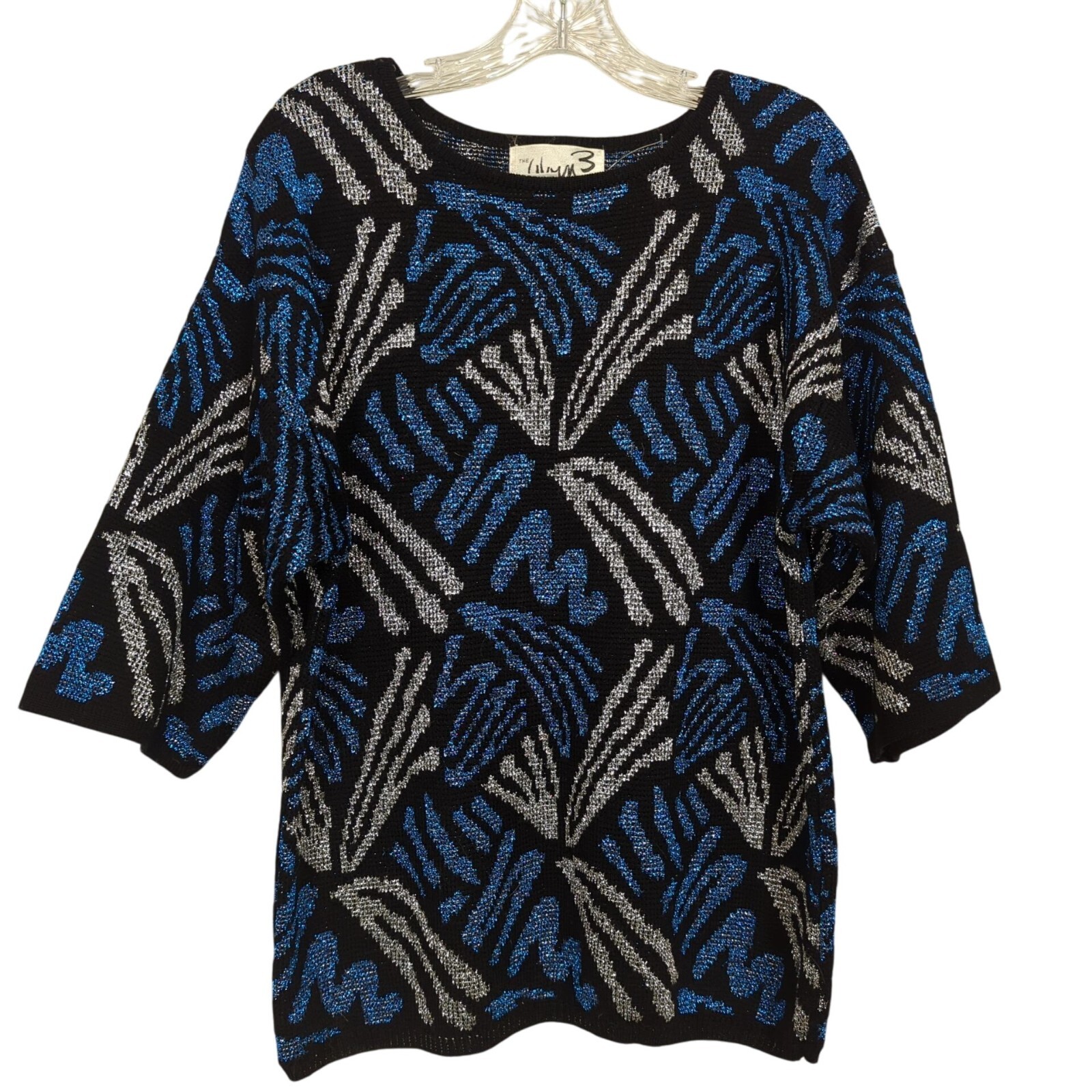 The Glory 3 by Gloria Furman Vintage metallic blue silver sweater 3/4″ sleeves M