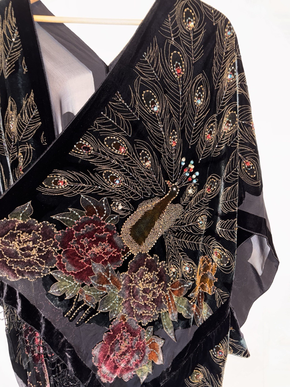 Vintage Silk Velvet Beaded Peacock Duster Coat Opera Black Fringe Romantic Goth
