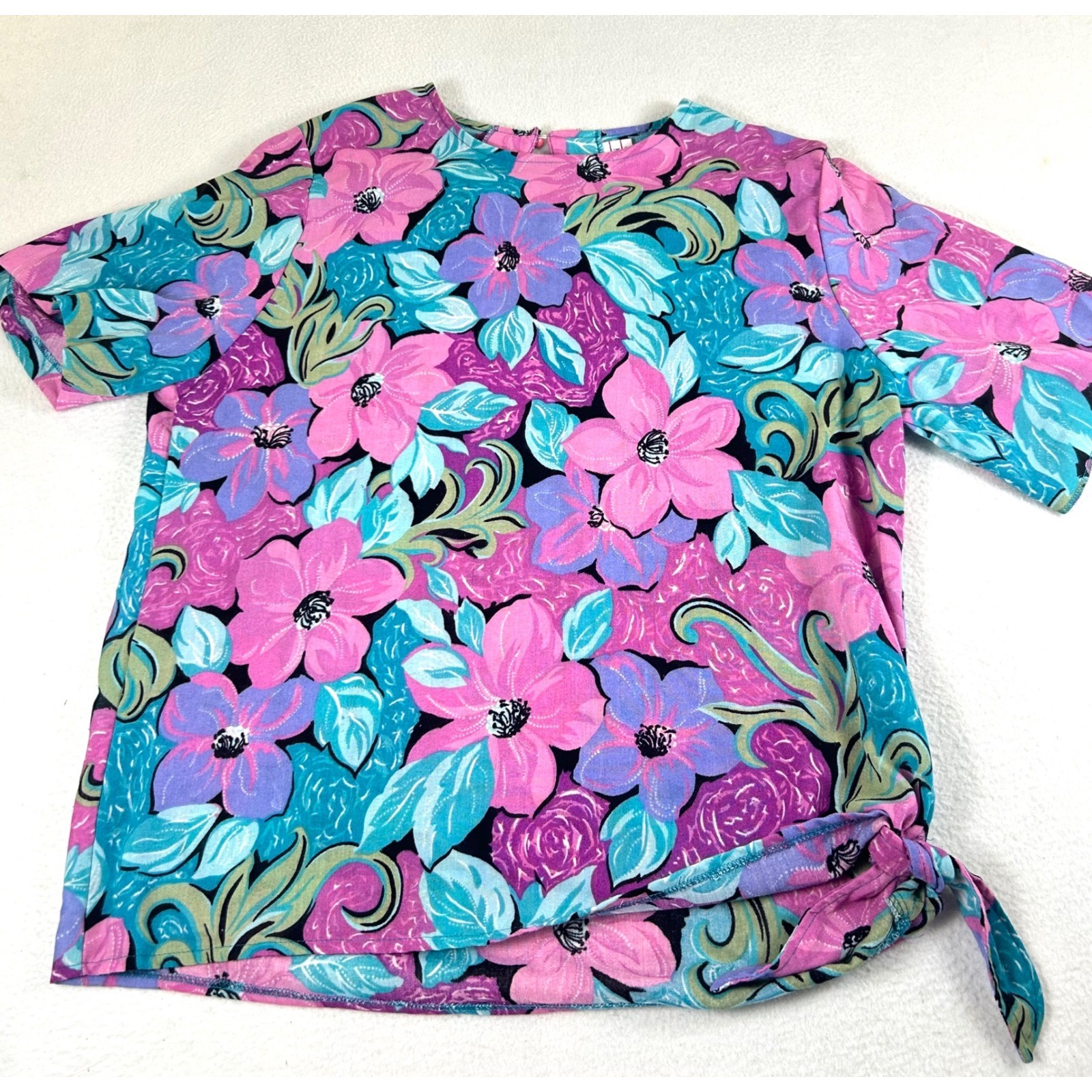 The American Collection Floral Top Women Size 12 Pink Vintage Side-Tie Blouse
