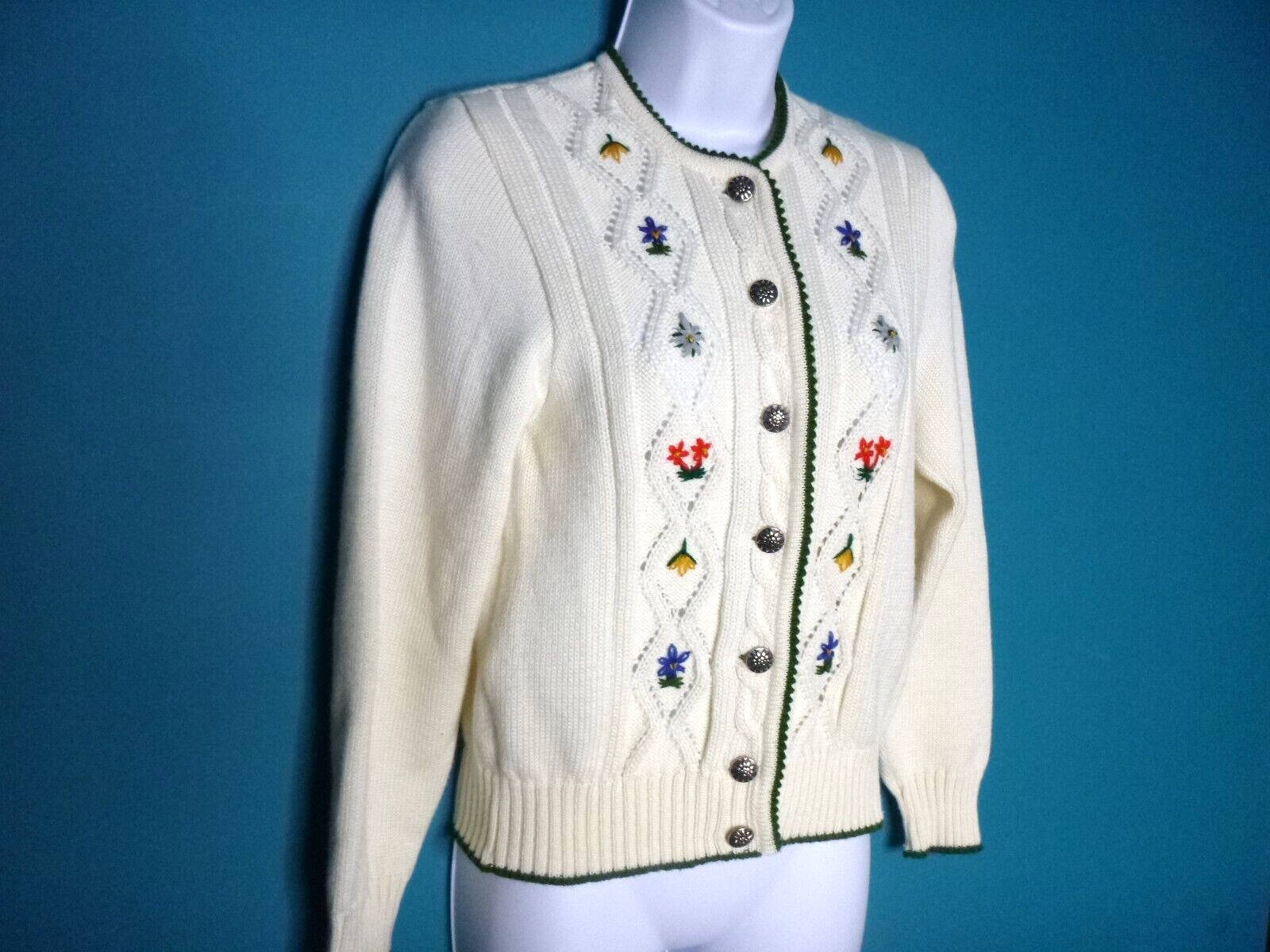 Vtg Pfister Cardigan Off White W/ Floral Embroidery Metal Buttons Sz 40 Austria