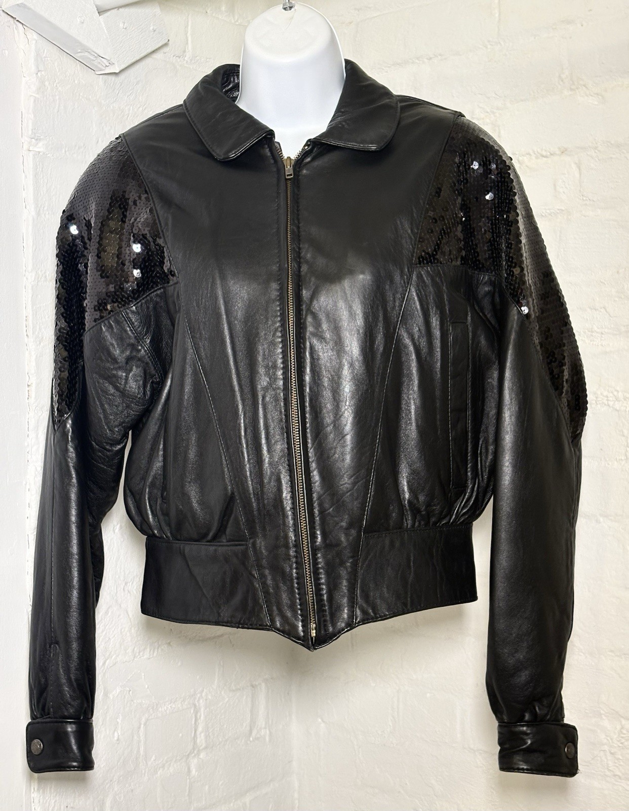 Luis Alvear Black Leather Sequin Vintage Retro Hip Hop Bomber Jacket Glam Rock S