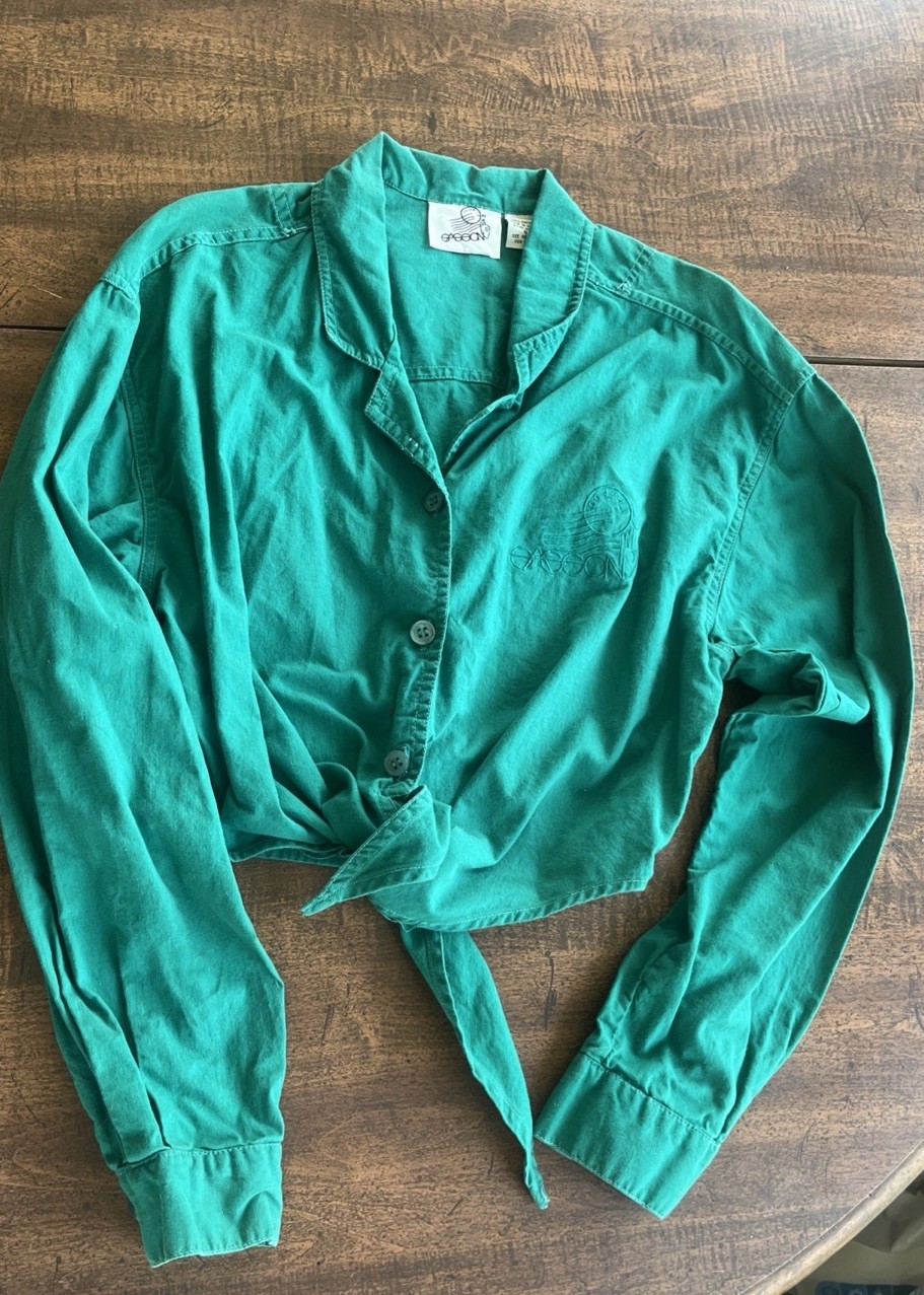 Vintage Sasson Tie Front Crop Top Teal Green 100% Cotton Coastal Prep Shirt S
