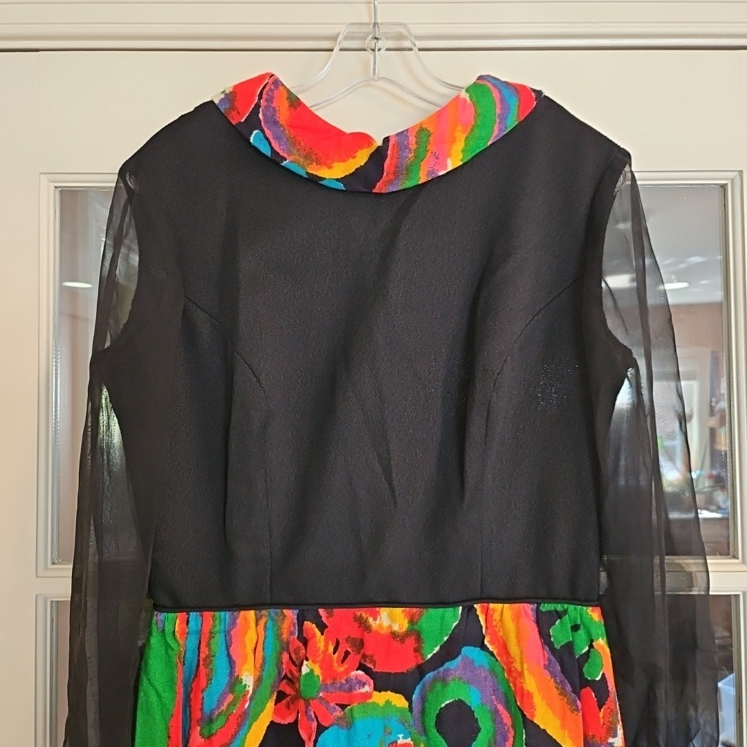 Vtg 60s Hawaiian Puritan Forever Young Psychedelic Maxi Dress w Sheer Sleeve M/L