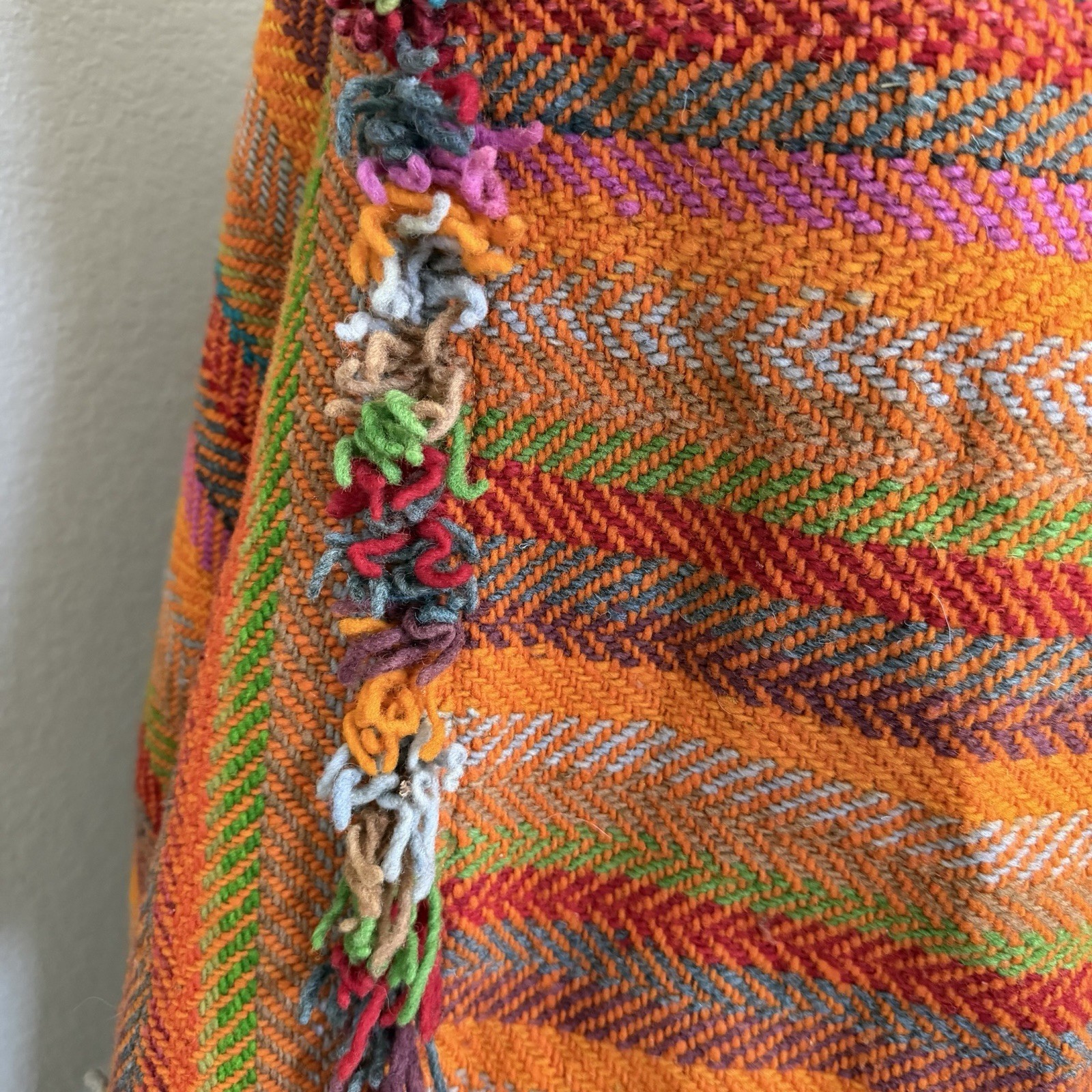 Vintage Woven Boho Poncho Wool Blend Fringe Southwestern Pullover