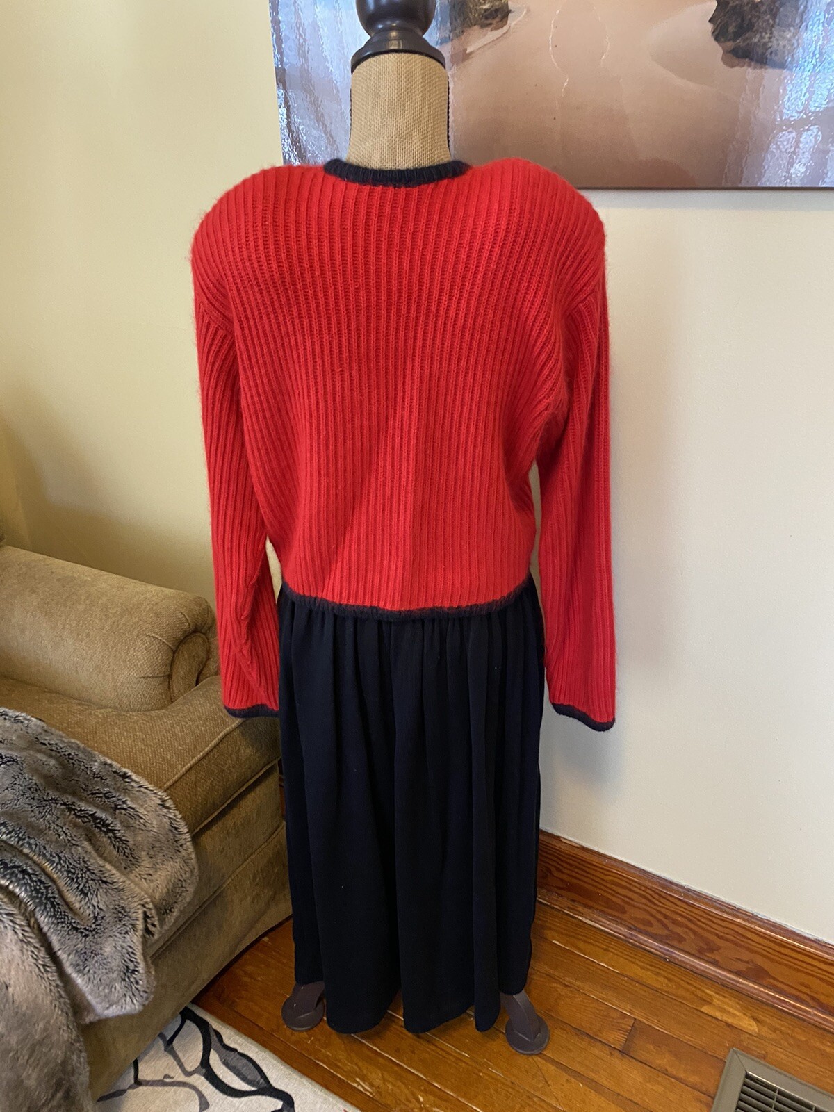 VTG 80s Liz Claiborne Red Black silk angora sweater Carol Little wool skirt S￼/M