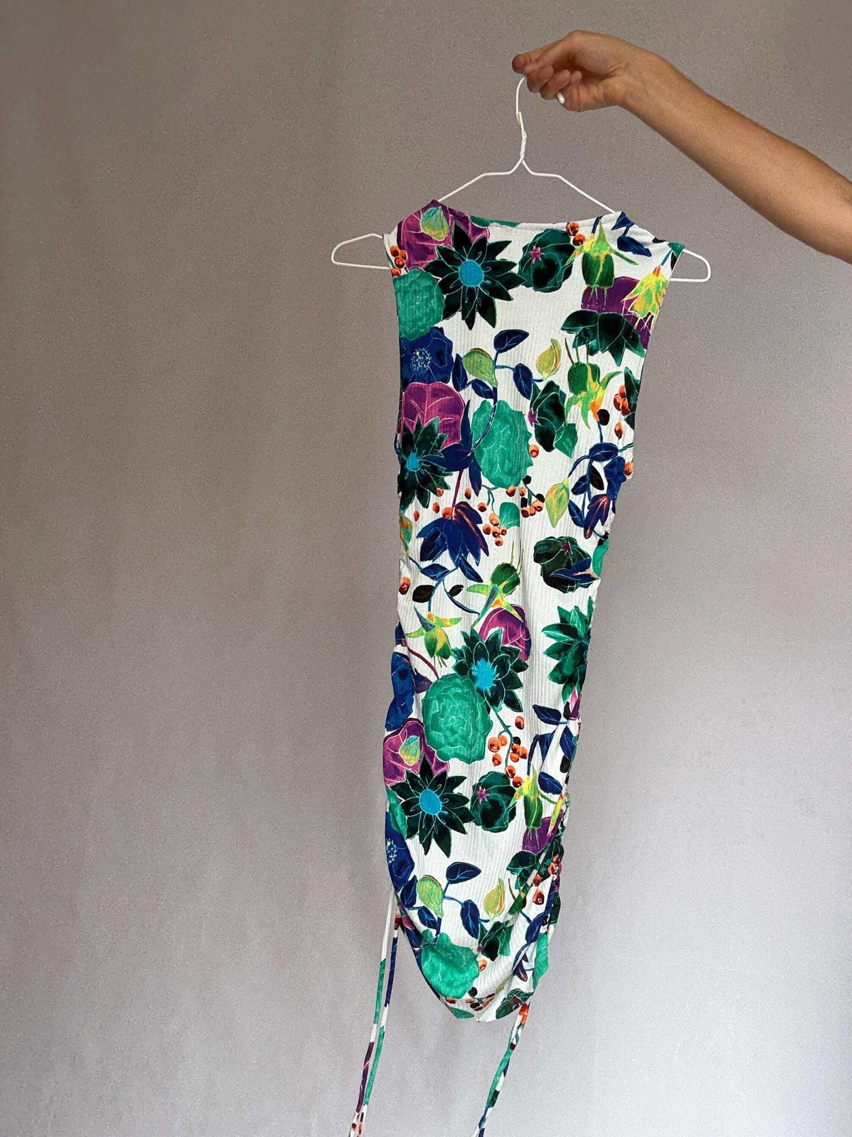 Desigual floral mini dress, feminine fitted silhouette, ribbed texture, adjustab