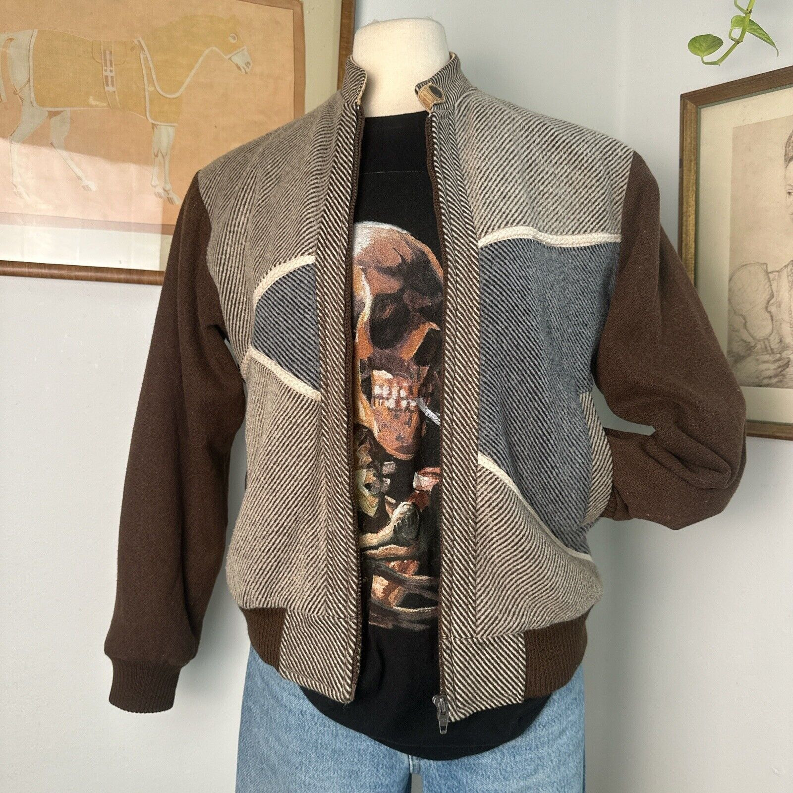 Vintage Patchwork Wool Bomber Jacket – Timeless Style with a Retro Edge
