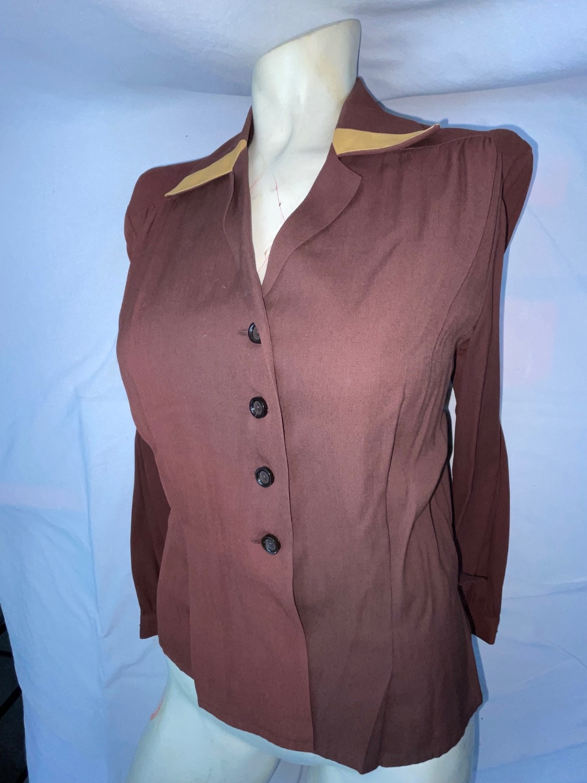 VTG 40S 50S WOMENS S GABARDINE RAYON BROWN BUTTON ROCKABILLY SHIRT TOP