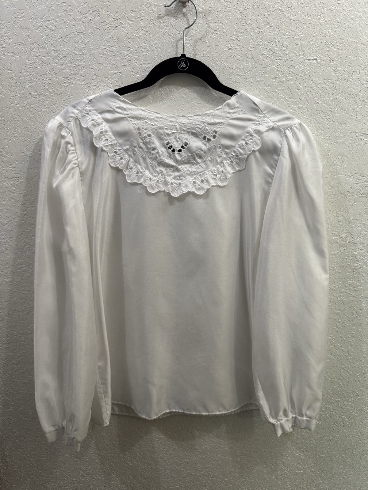 Vintage 1970s White Lace Collar Puff Sleeve Blouse Cottagecore Boho 16