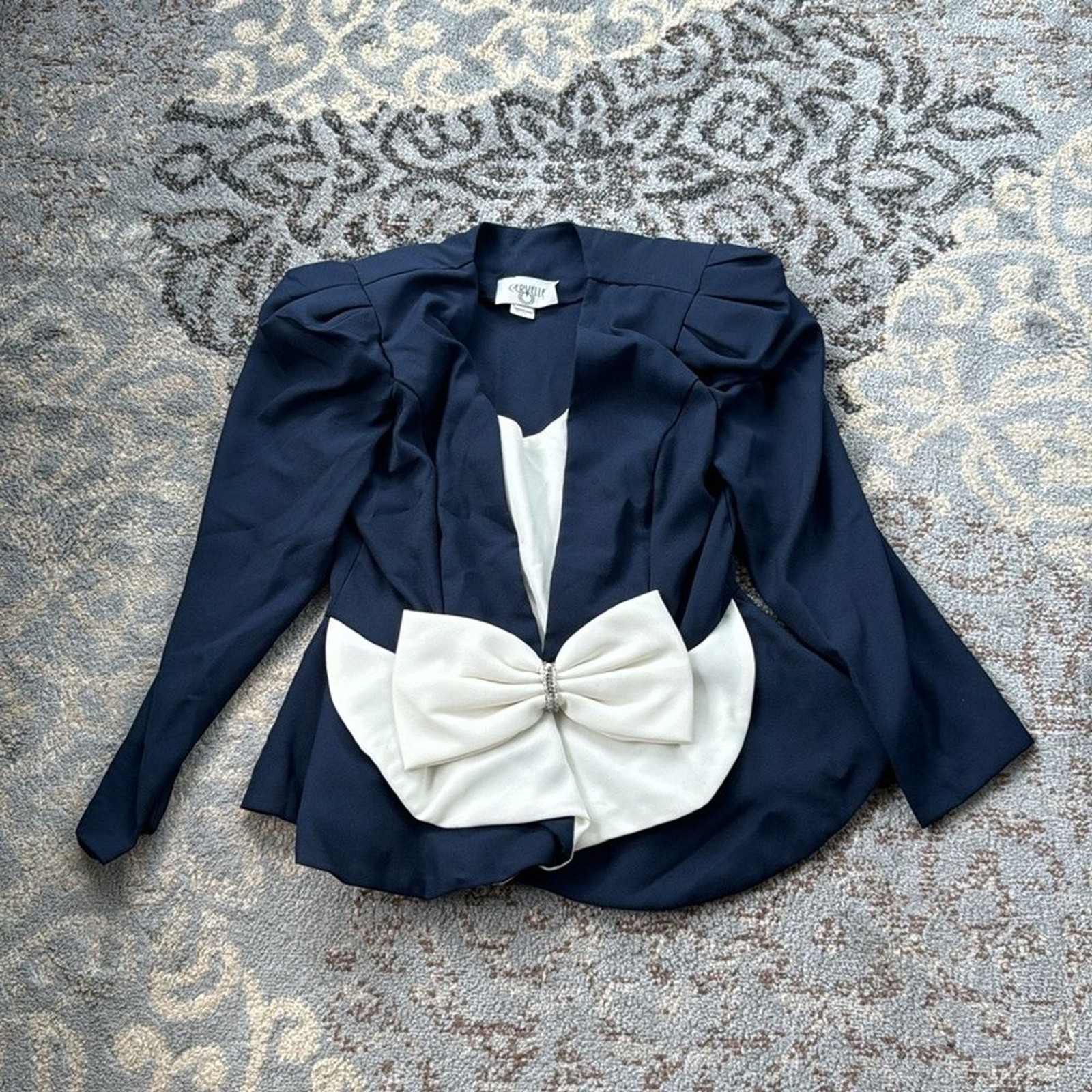 Vintage Cervelle Puff Sleeve Peplum Bow Blazer Navy White 14
