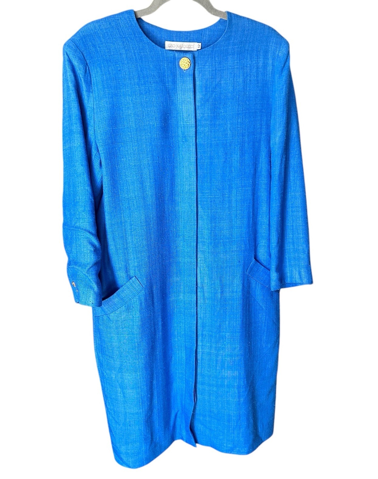 VTG Leo Narducci 12 Blue 70s Shift Rough Silk Dress Lagenlook Shirt Dress Flaws