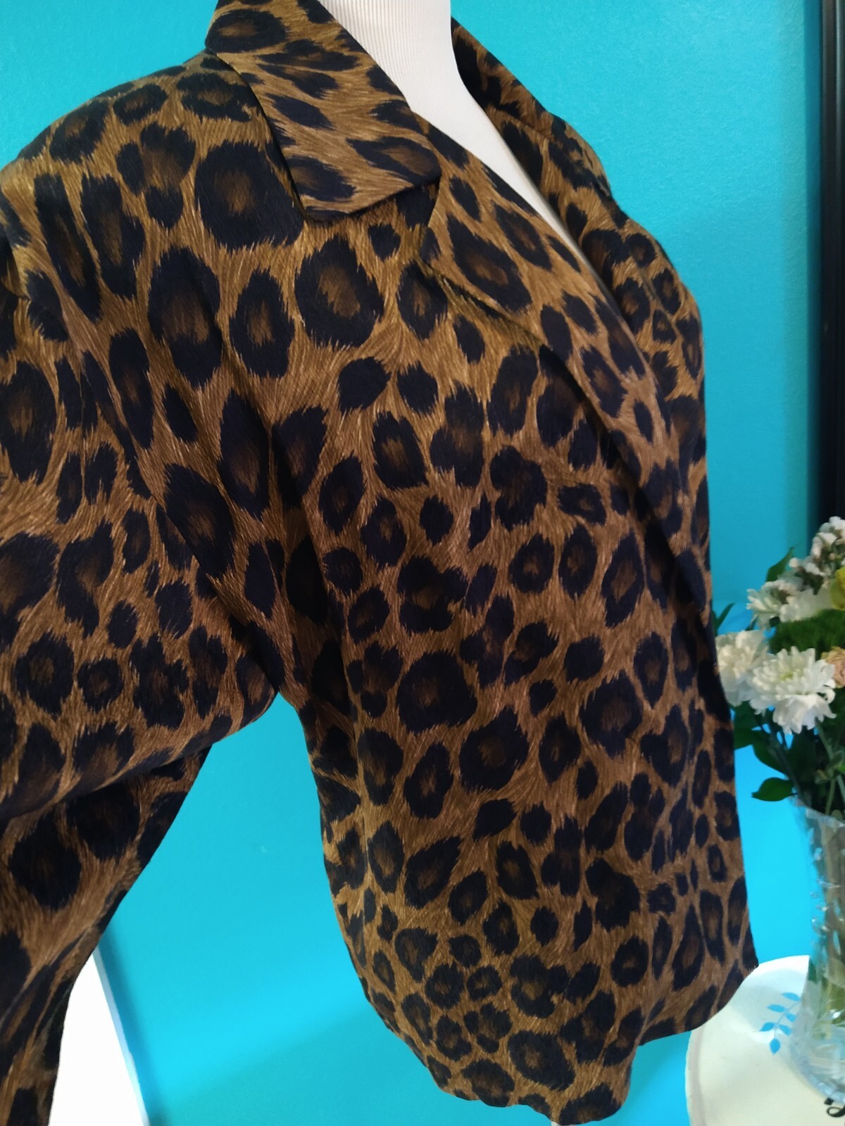 Vintage Anne Klein Silk Jacket 1980s Animal Print, Leopard Blazer Large