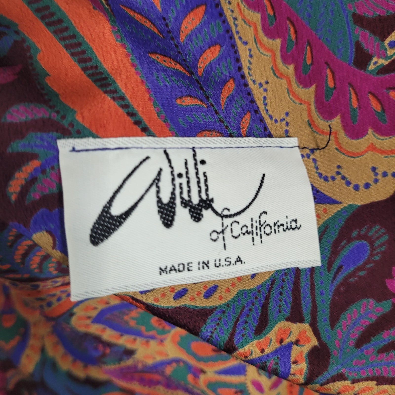 Willi of California M,L blouse shoulder pads paisley flower colorful tie button