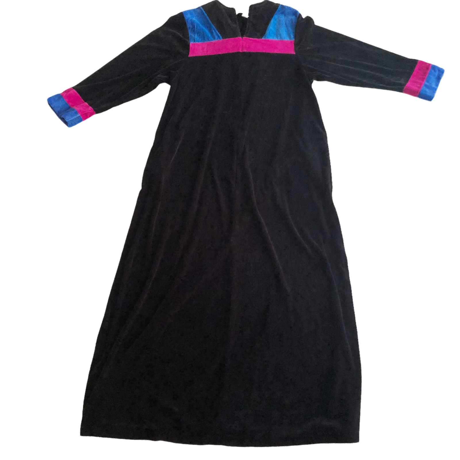 Vtg Lisanne Robe House Coat Zip Black Velour w Colorblock Chest & Cuffs Medium