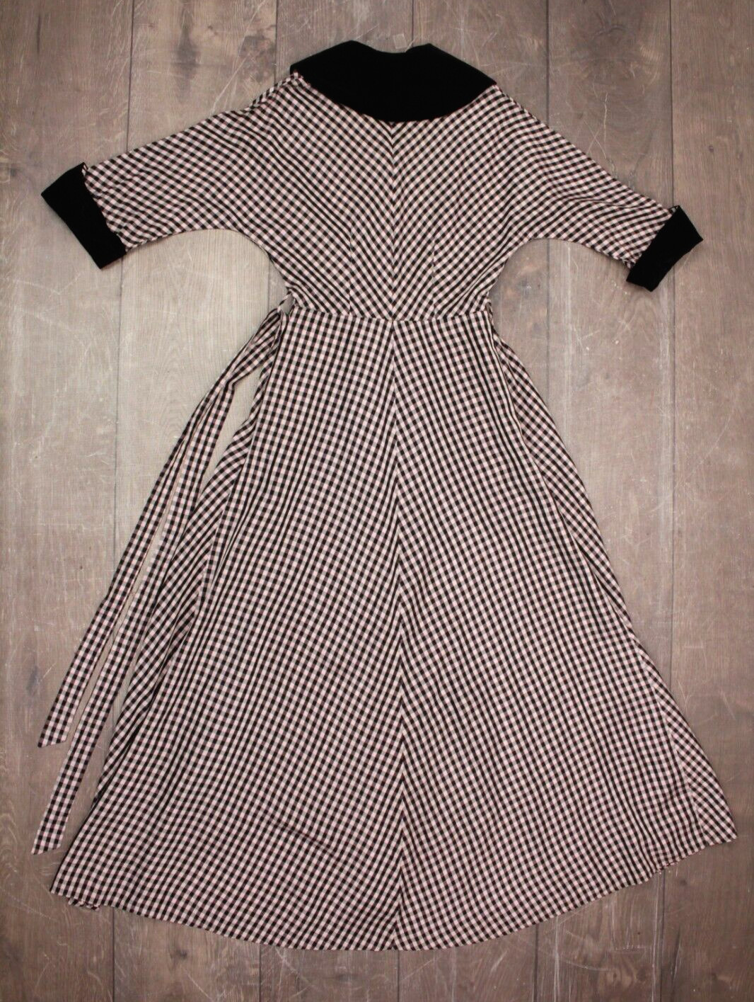 Vtg Womens 40s Black & Pink Checked Gown W/ Velvet Trim XS/S 1940s Taffeta Dress