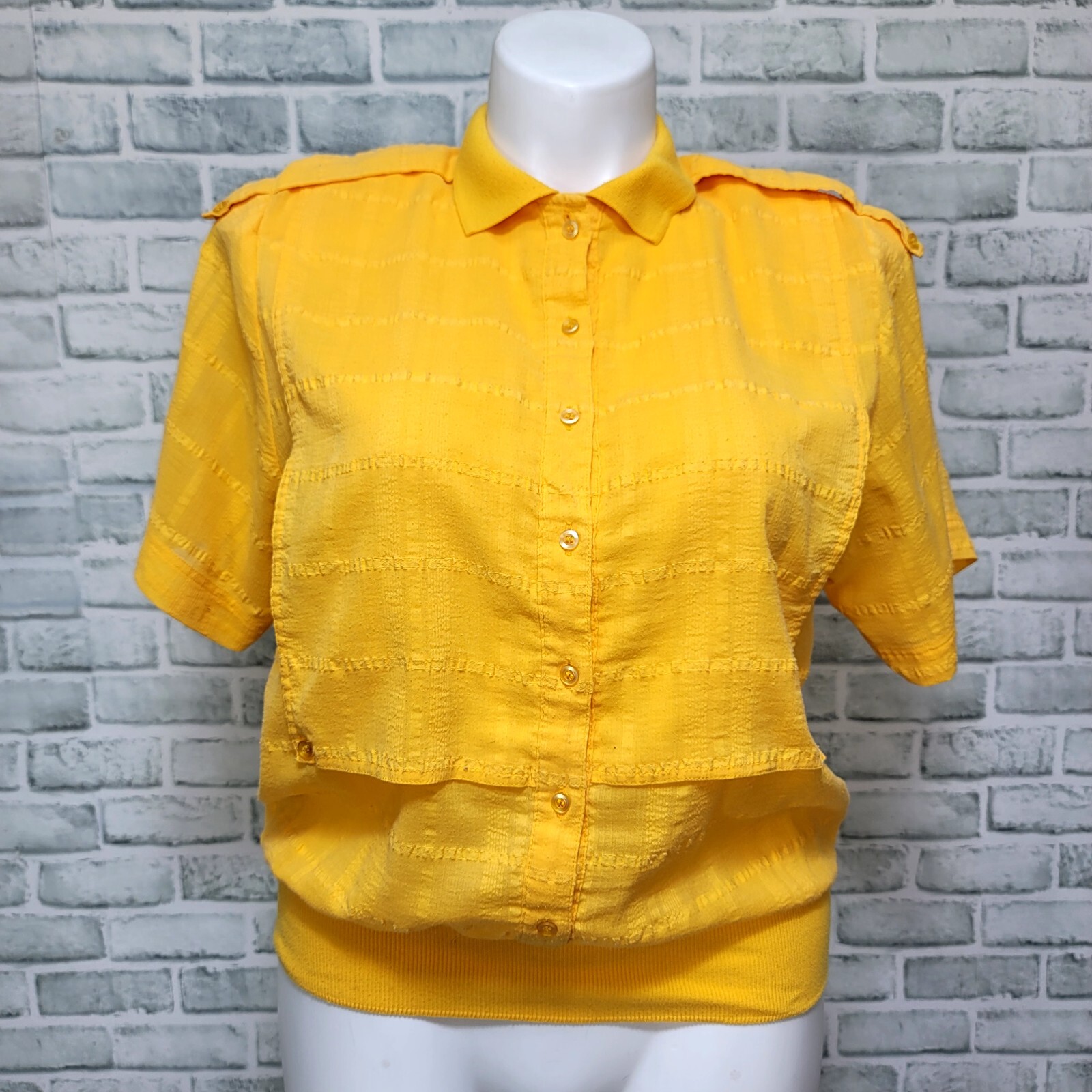 Vintage 80s Neil Martin M/L Yellow Gauze Knit Banded Waist Bottom Blouse