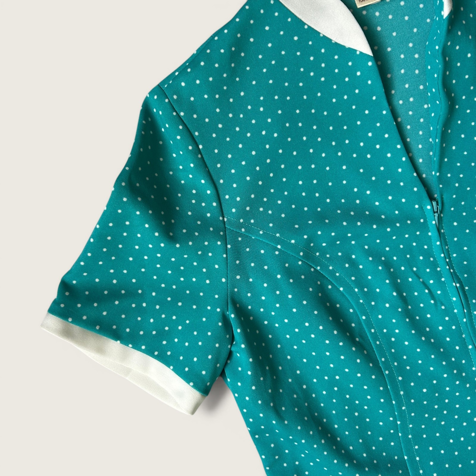 Vintage 1970s Diolen Teal Polka Dot Zip Front Dress Mod Midi Size 42