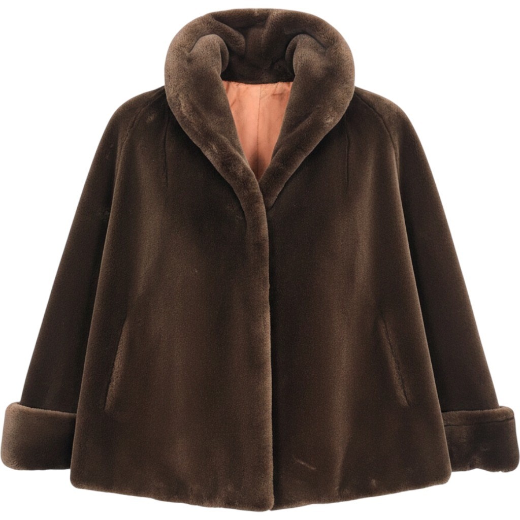 Vintage 1950s Sovereign Faux Fur Coat Brown Swing Jacket Shawl Collar M L
