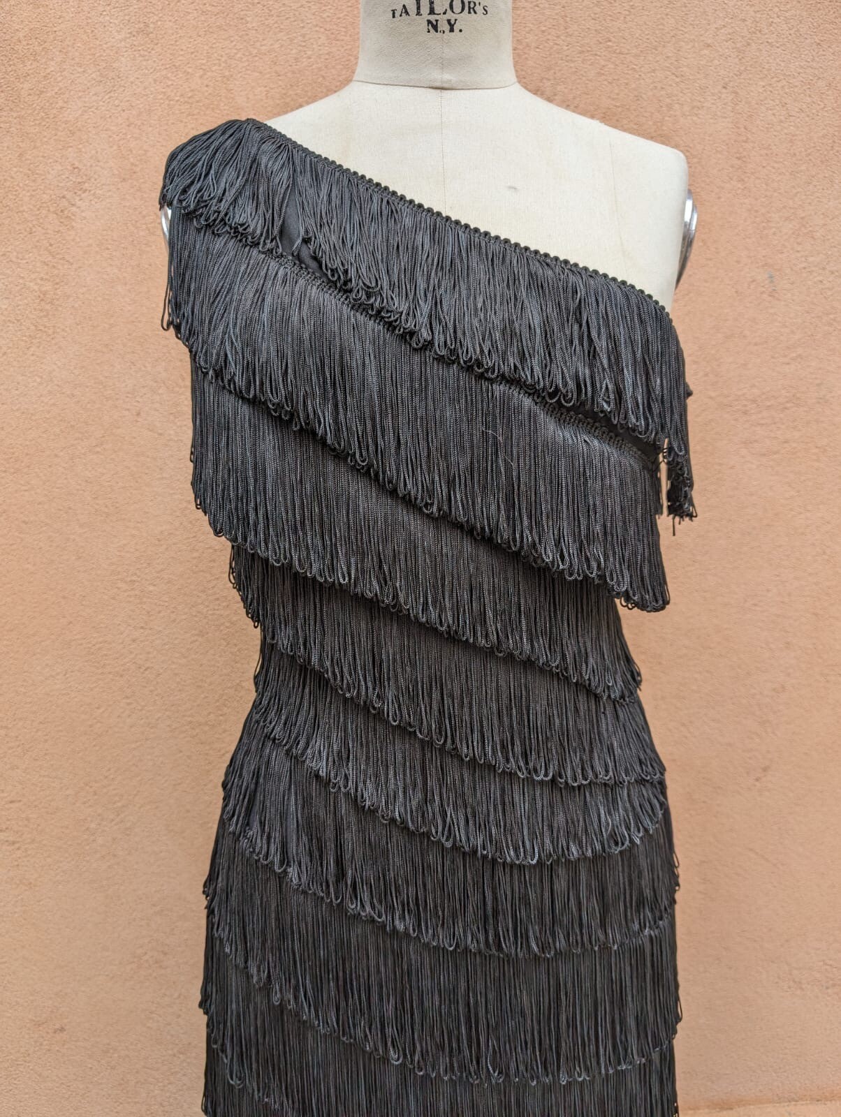 SHIMMY & SHAKE VINTAGE 1960’S CEIL CHAPMAN LOOP FRINGE ONE SHOULDER WIGGLE DRESS