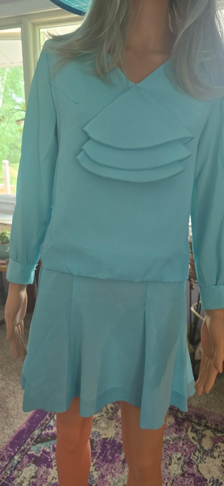 VTG 70s 80s Aqua Blue Long Sleeve Dress Set Size 9 Ruffle Flared Skirt Tiered