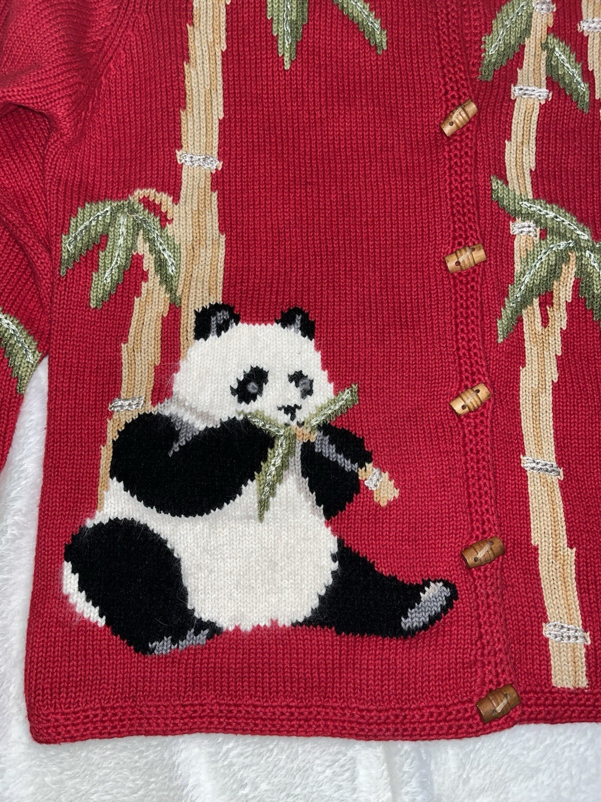 Northern Isles Vintage red Panda Bears Bamboo button front cardigan Knit Sweater
