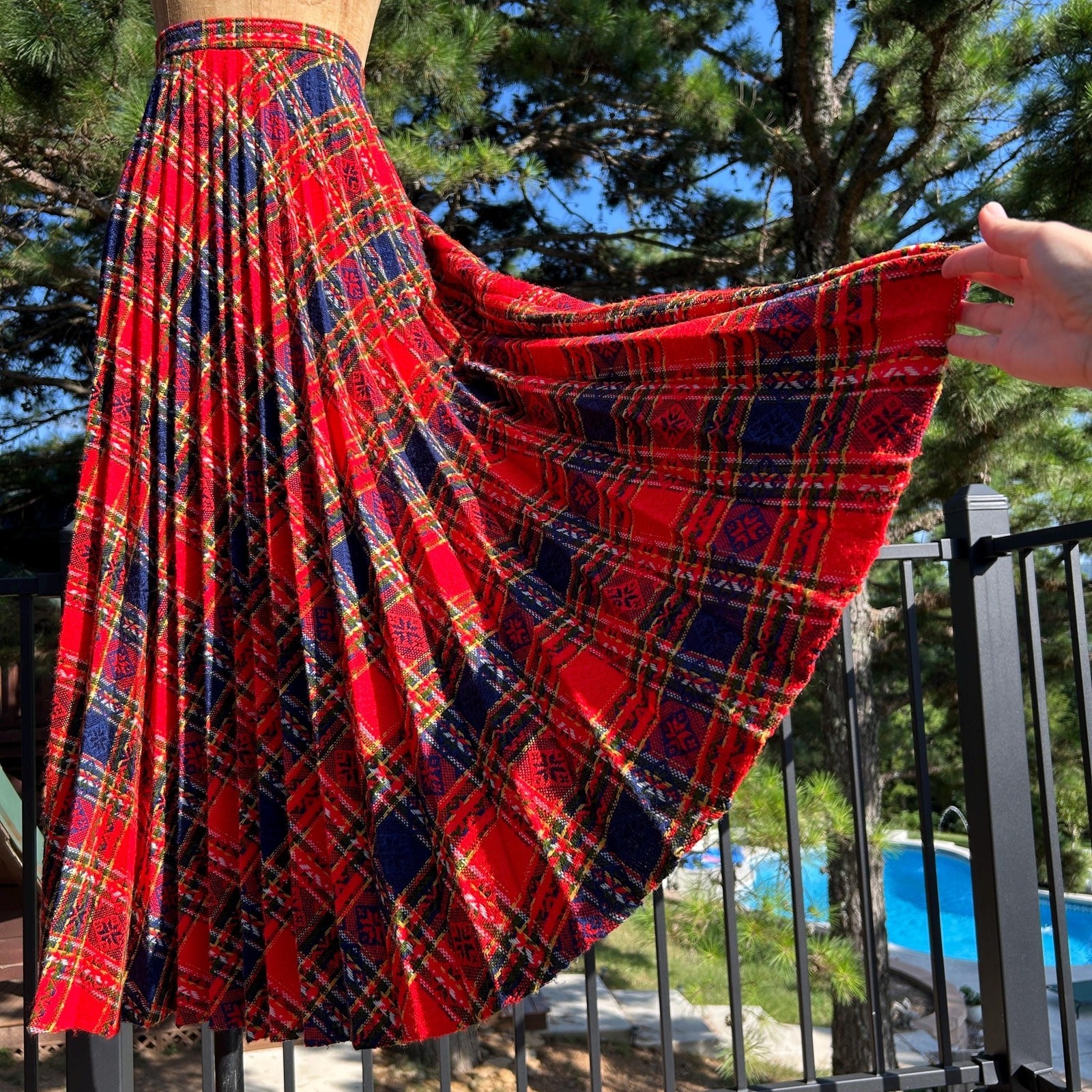 Vintage 60s Bold Tomato Red Plaid Accordion Fan Pleat High Waist Full Maxi Skirt