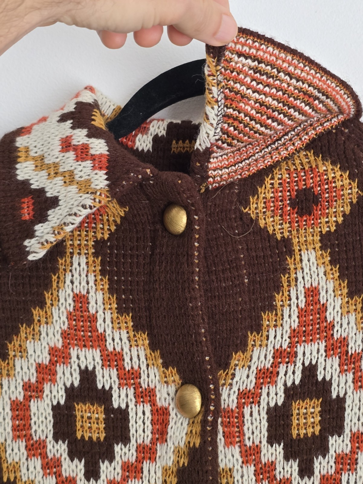 Montgomery Ward Vintage Knit Cape Brown Orange White Yellow Geometric Acrylic