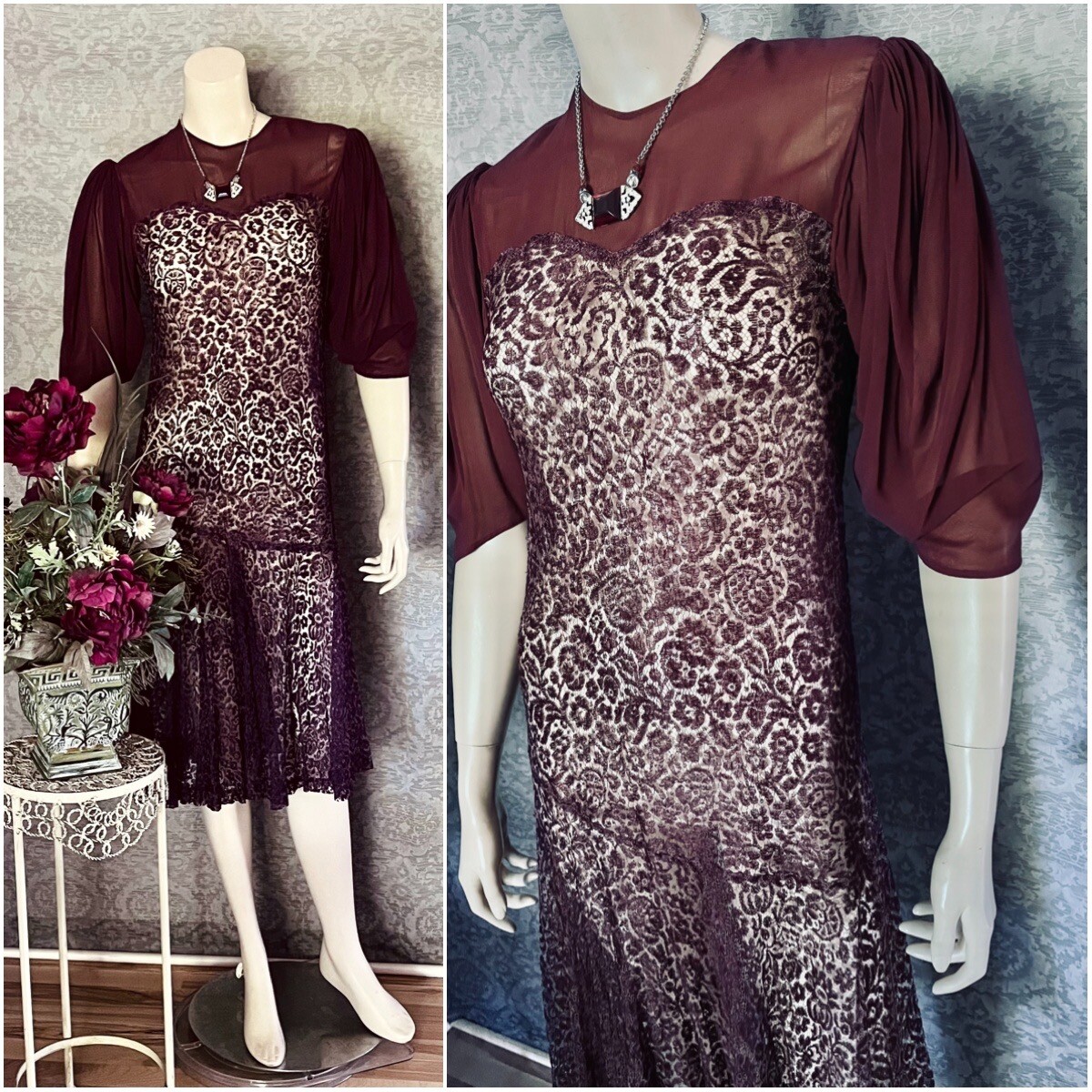 Charming 1930s Plum Silk Lace, Chiffon Occasion Dress, Excellent, Petite, Small